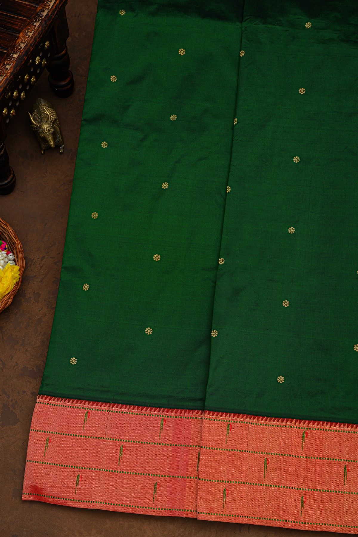Paithani Silk Bottle Green Saree With Muniya Buttis Border
