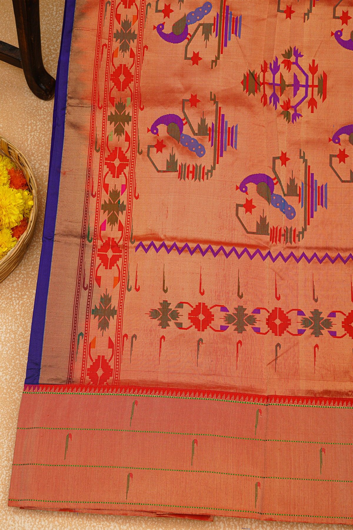 Paithani Silk Royal Blue Saree With Muniya Buttis Border