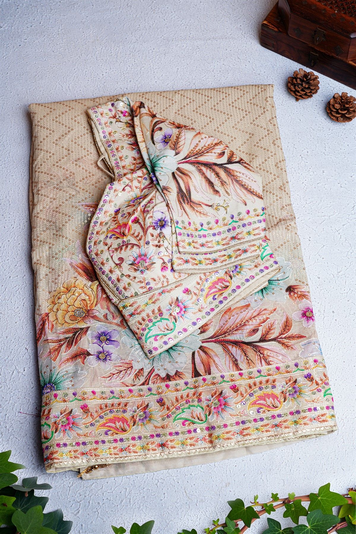 Fancy Crepe Off White Saree With Florals And Sequence Work Body