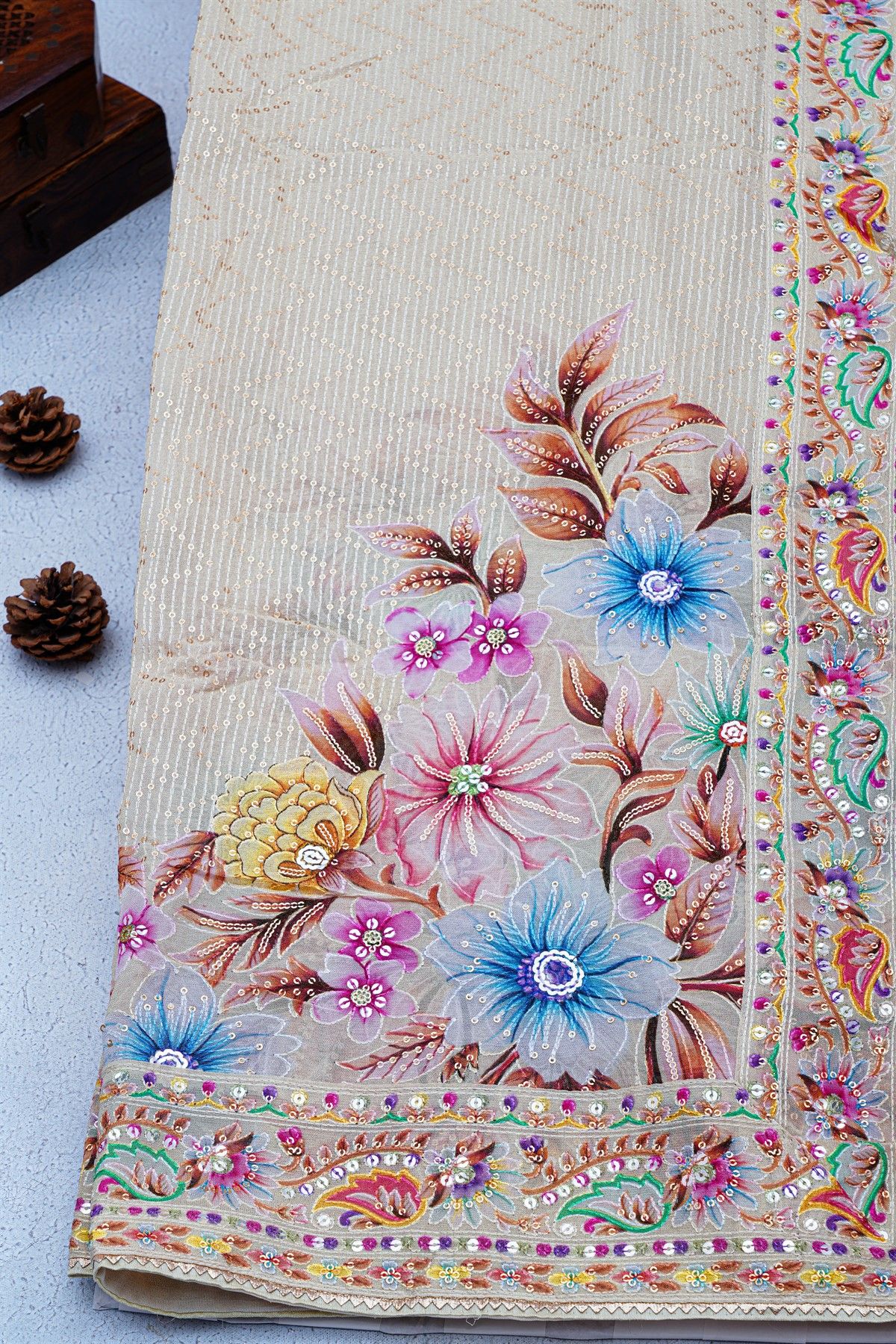 Fancy Crepe Off White Saree With Florals And Sequence Work Body