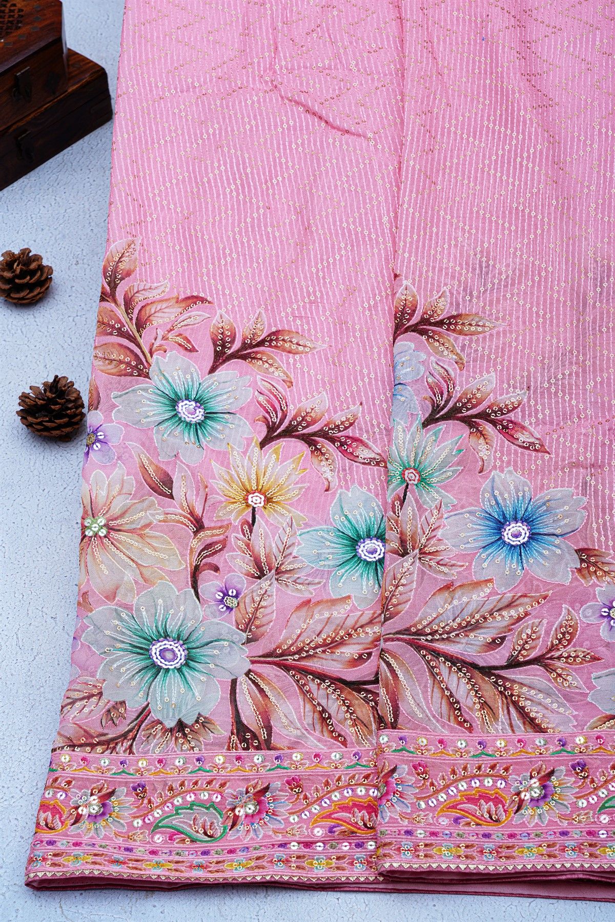 Fancy Crepe Pink Saree With Floral And Sequence Work Border