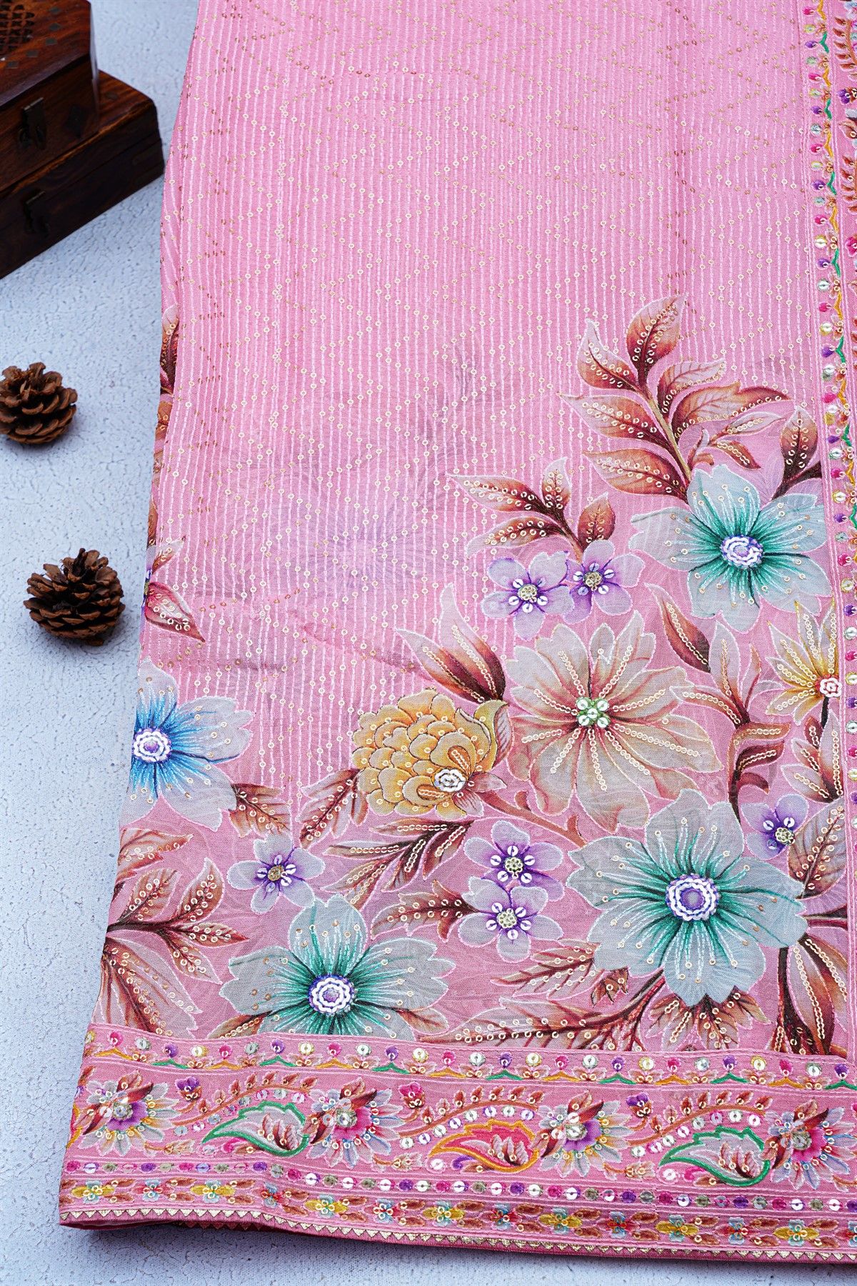 Fancy Crepe Pink Saree With Floral And Sequence Work Border