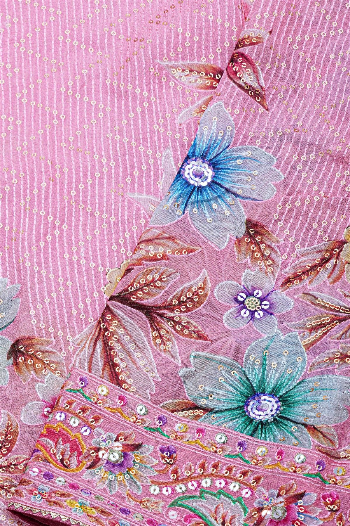 Fancy Crepe Pink Saree With Floral And Sequence Work Border