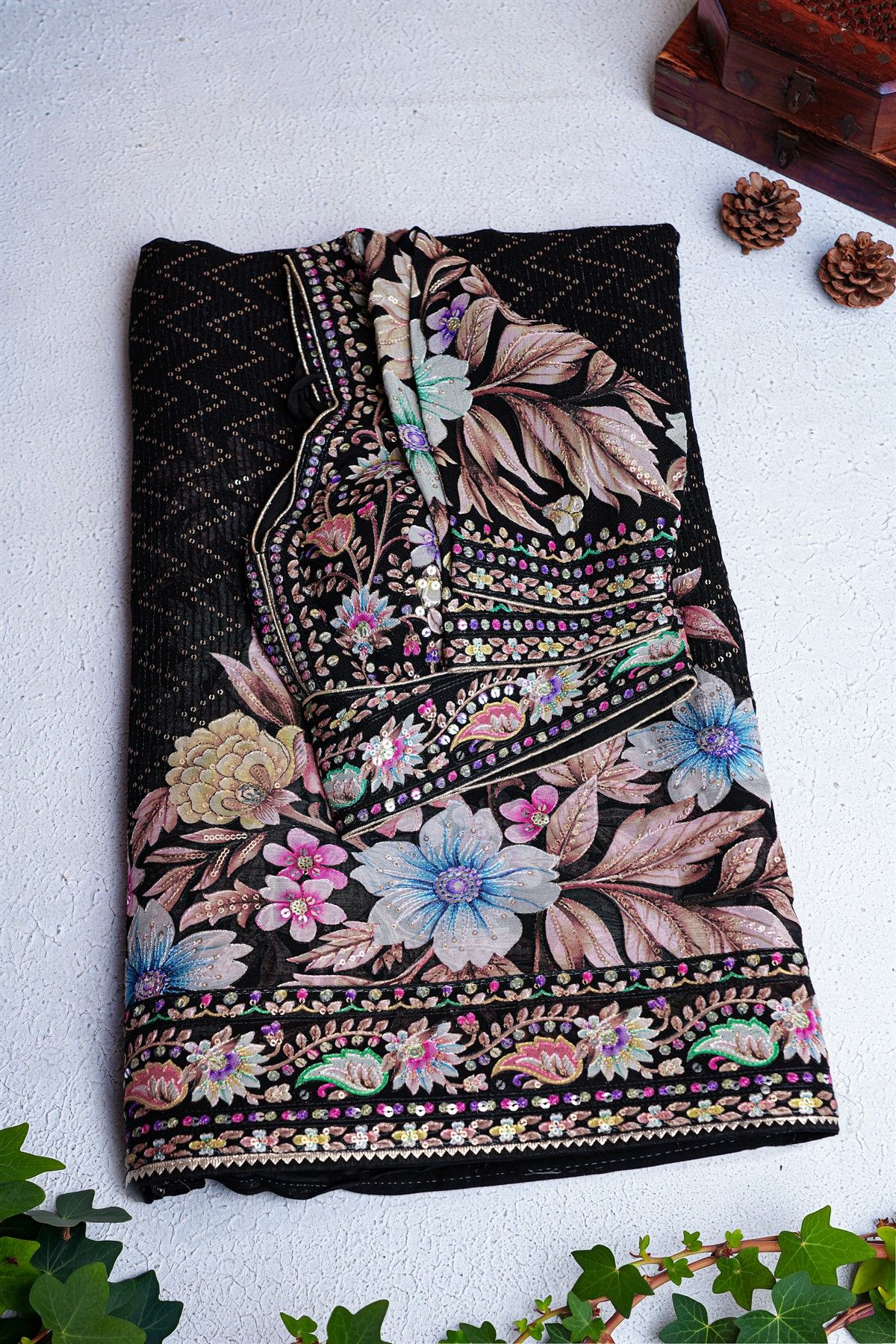 Fancy Crepe Black Saree With Florals And Sequence Work Body And Border