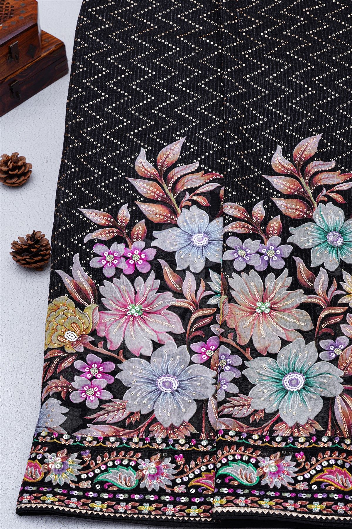 Fancy Crepe Black Saree With Florals And Sequence Work Body And Border