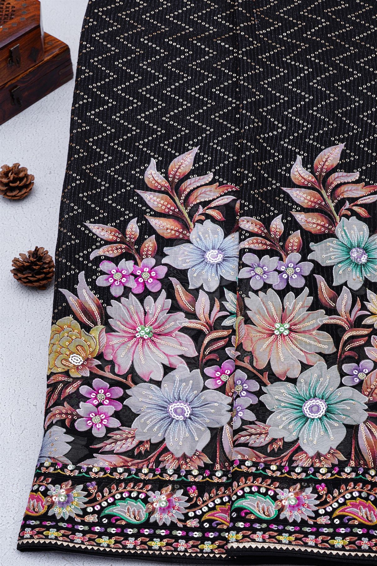 Fancy Crepe Black Saree With Florals And Sequence Work Body And Border