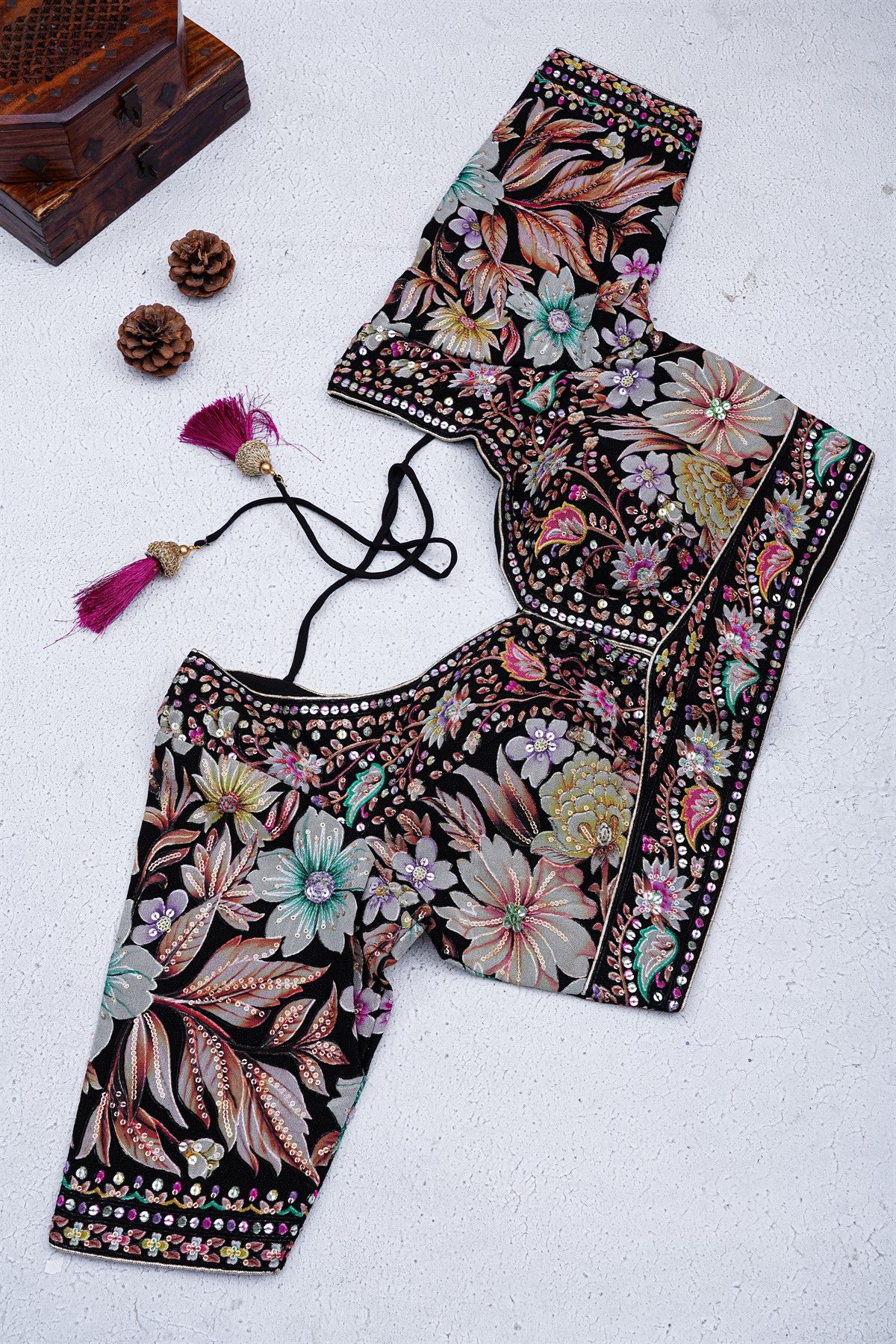 Fancy Crepe Black Saree With Florals And Sequence Work Body And Border