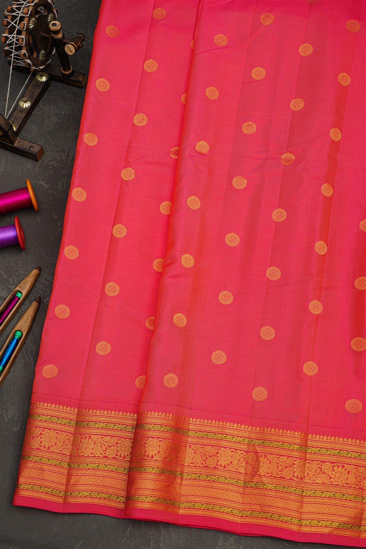 Gadwal Silk Rose Pink Saree With Florals And Buttis Body