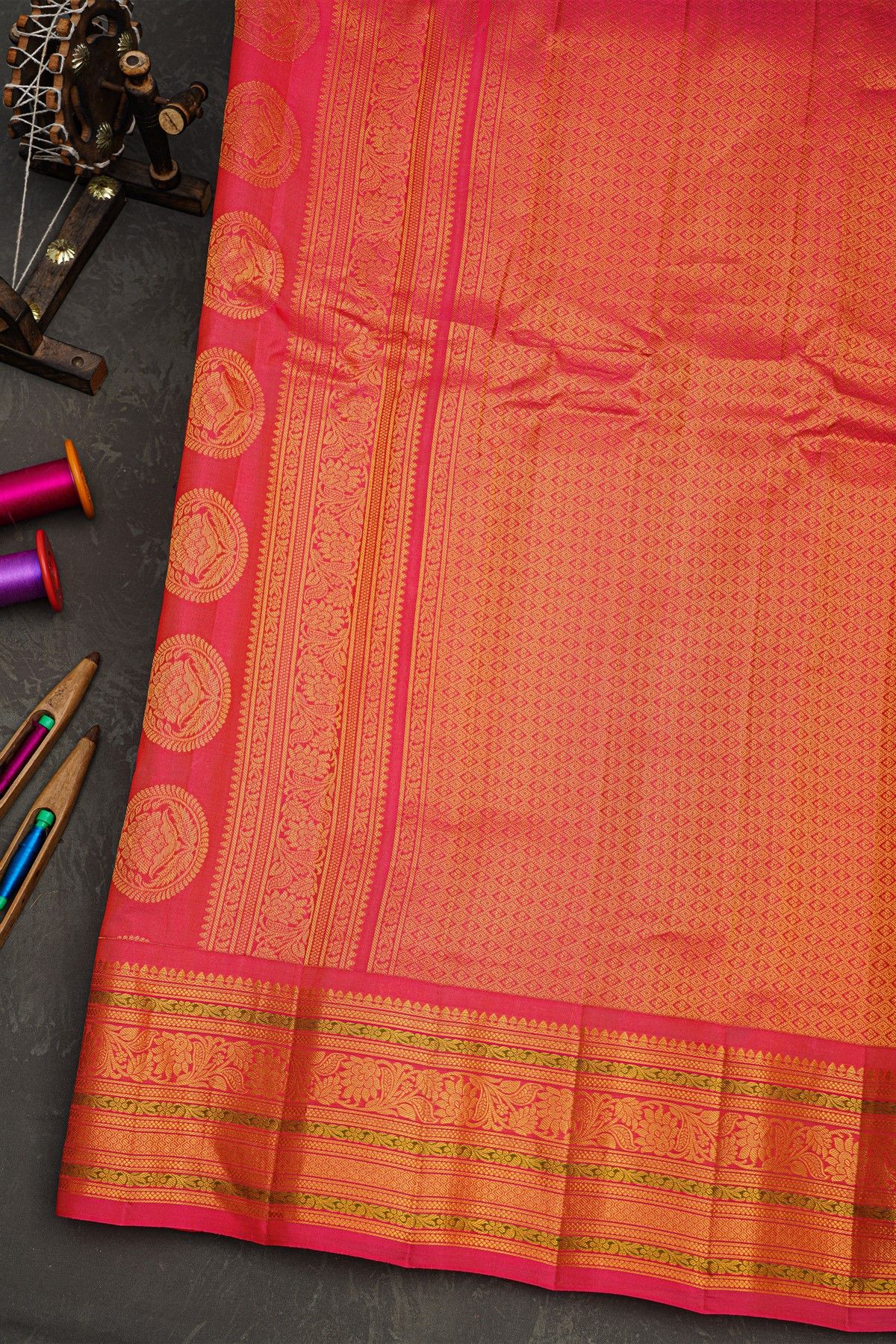 Gadwal Silk Rose Pink Saree With Florals And Buttis Body
