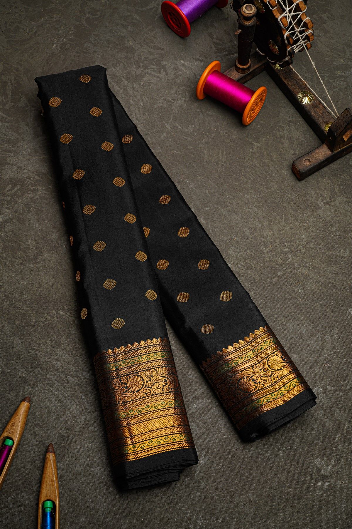 Gadwal Silk Black Saree With Florals And Buttis Body