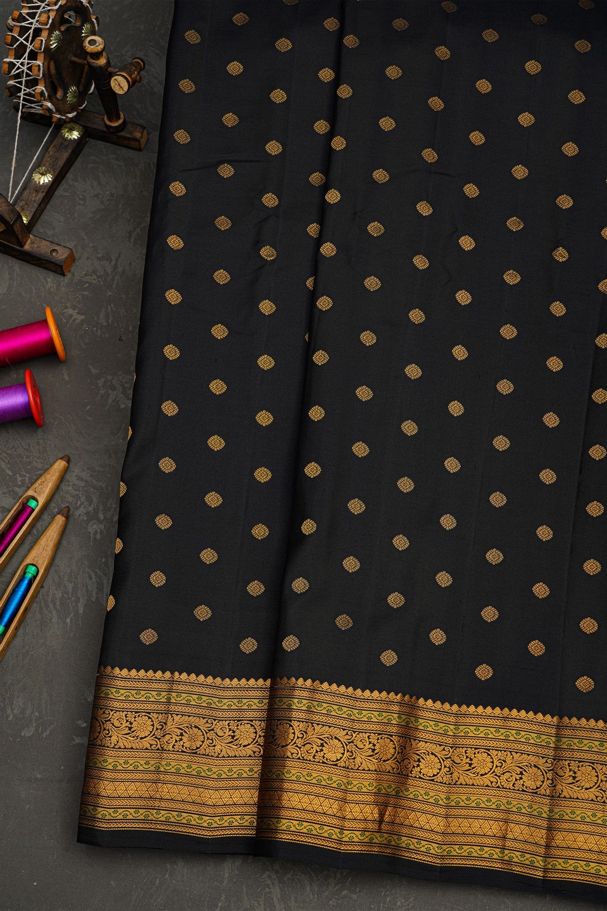 Gadwal Silk Black Saree With Florals And Buttis Body