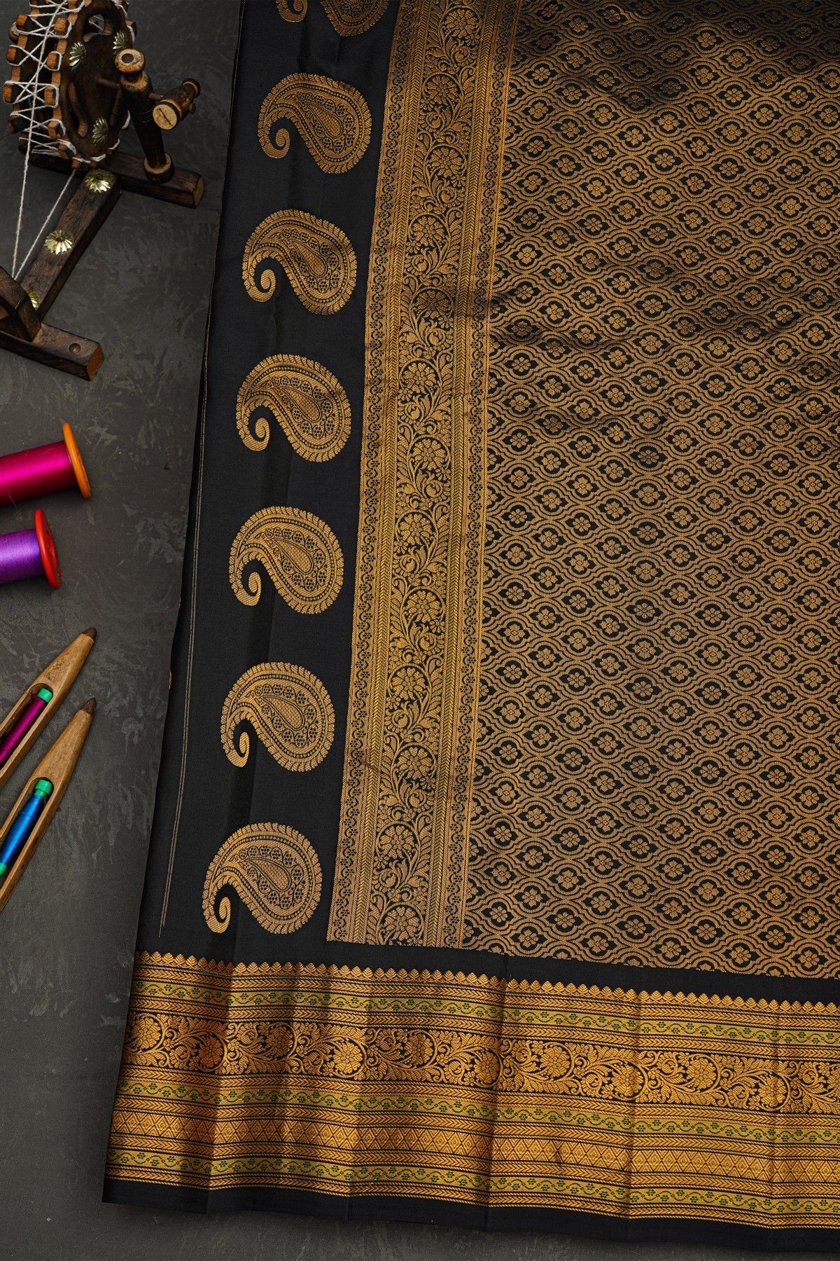 Gadwal Silk Black Saree With Florals And Buttis Body