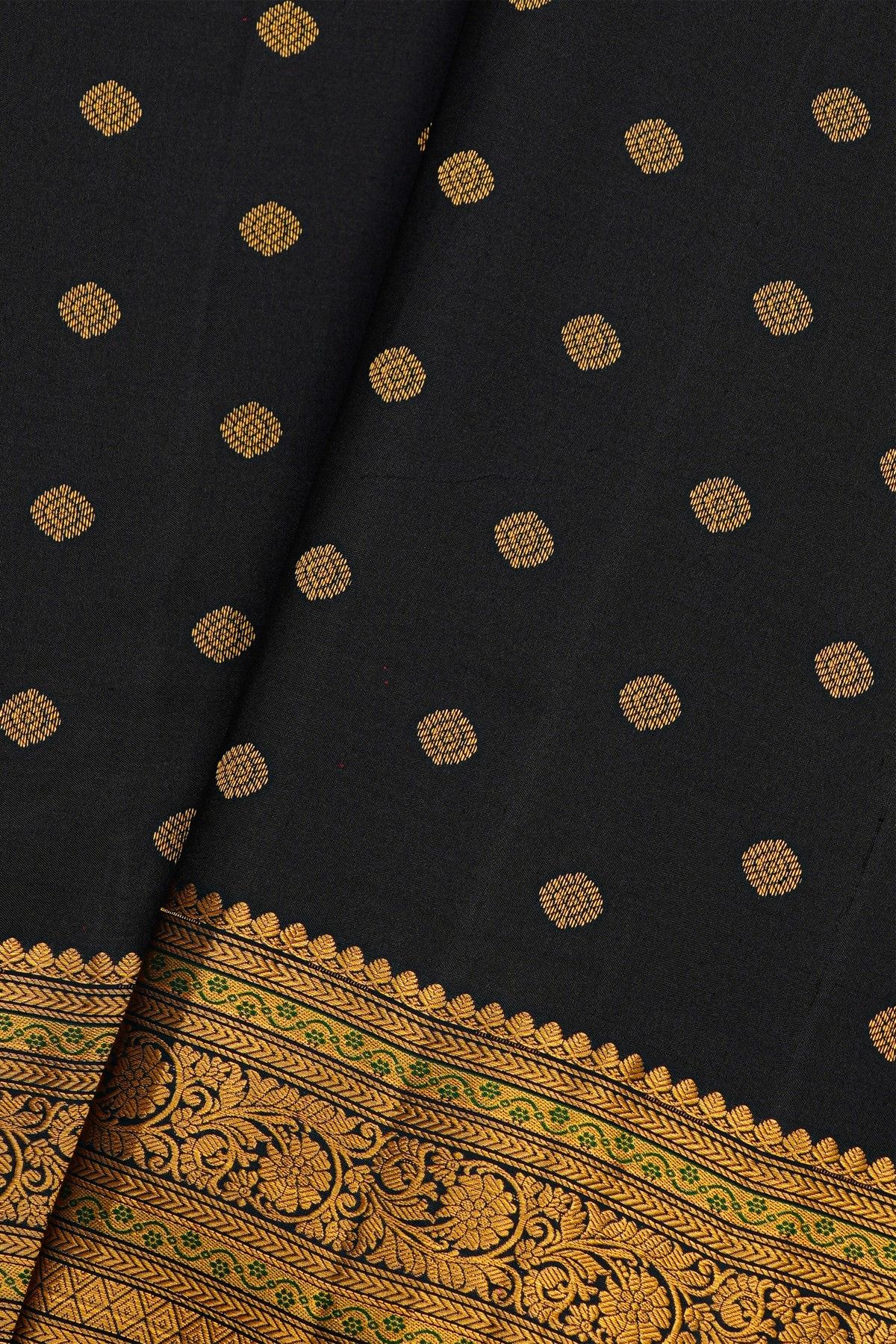 Gadwal Silk Black Saree With Florals And Buttis Body