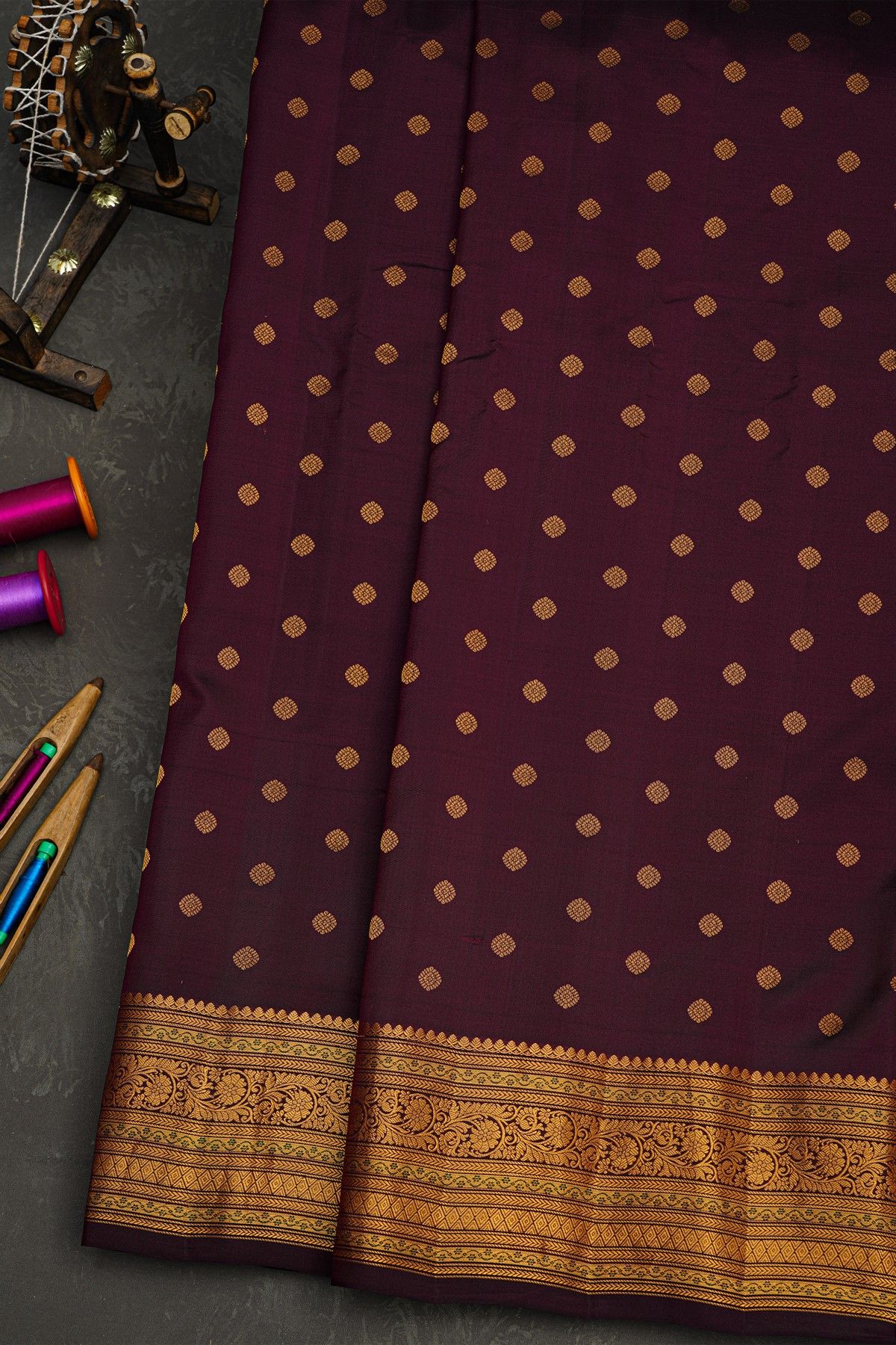 Gadwal Silk Dark Wine Saree With Florals And Buttis Body