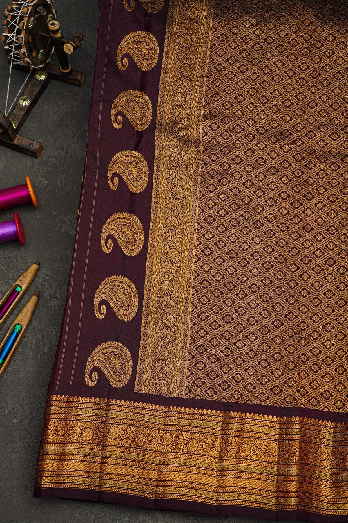 Gadwal Silk Dark Wine Saree With Florals And Buttis Body
