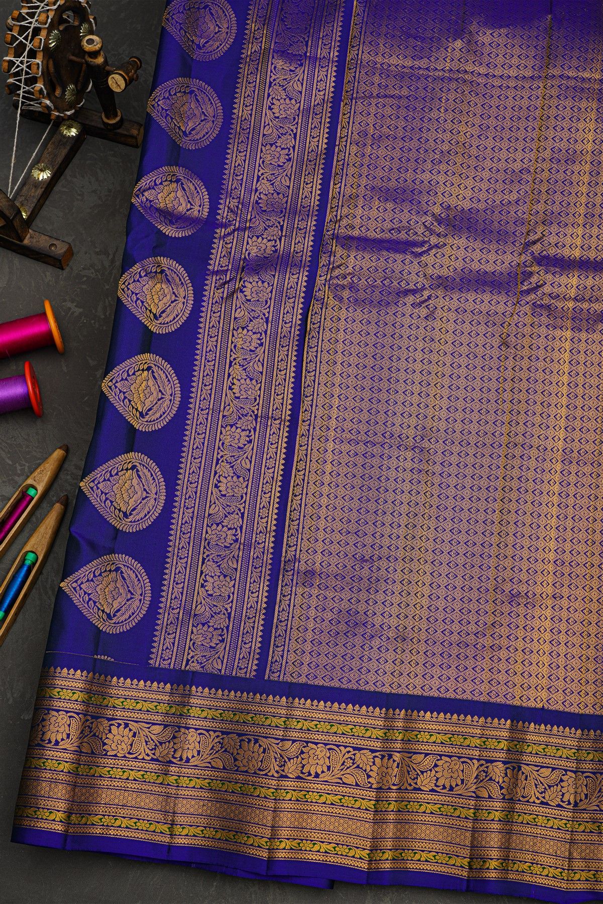 Gadwal Silk Royal Blue Saree With Florals And Buttis Body
