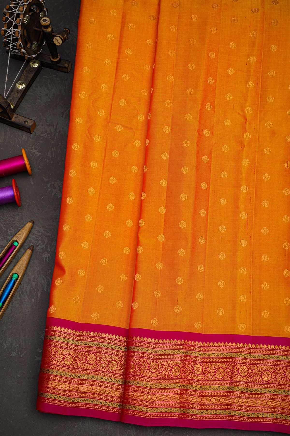 Gadwal Silk Mustard Yellow Saree With Florals And Leaves Jaal Border