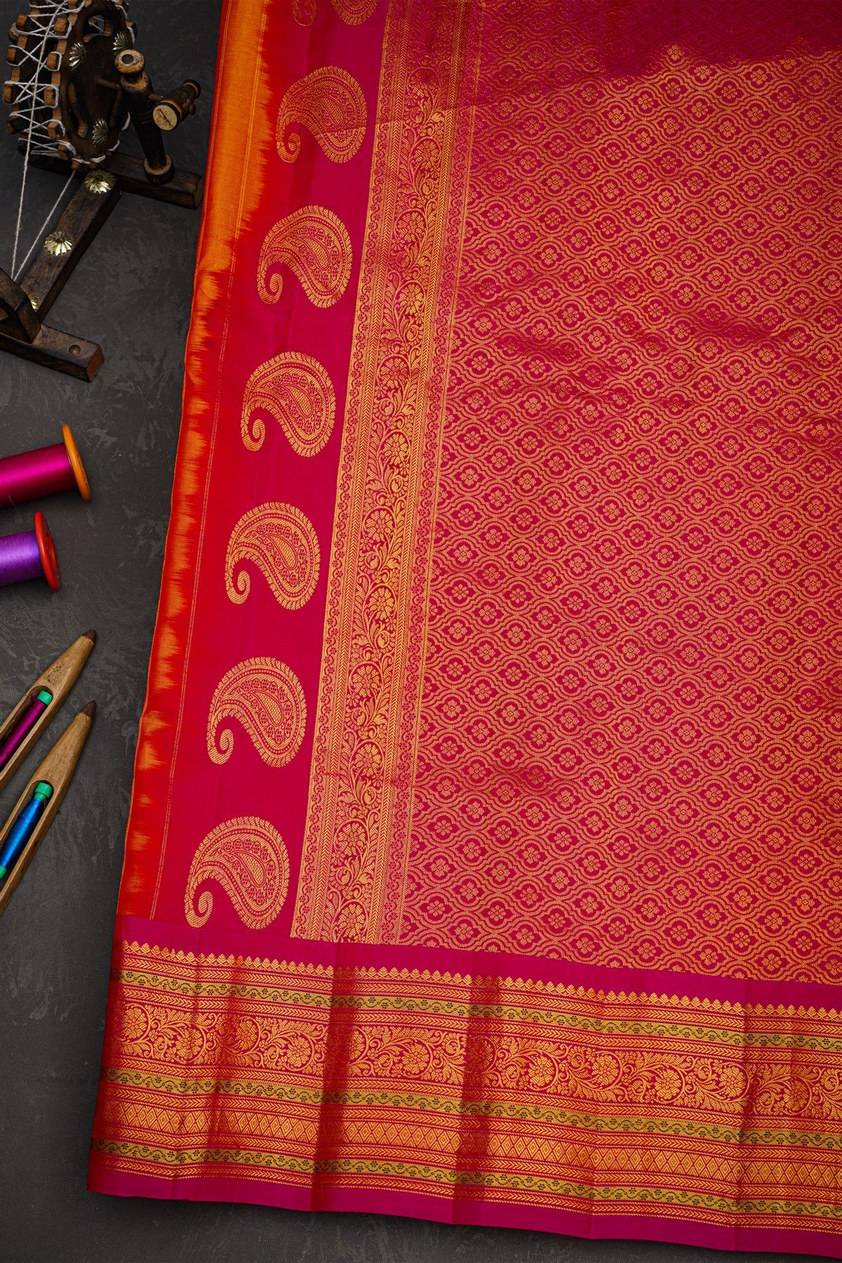 Gadwal Silk Mustard Yellow Saree With Florals And Leaves Jaal Border