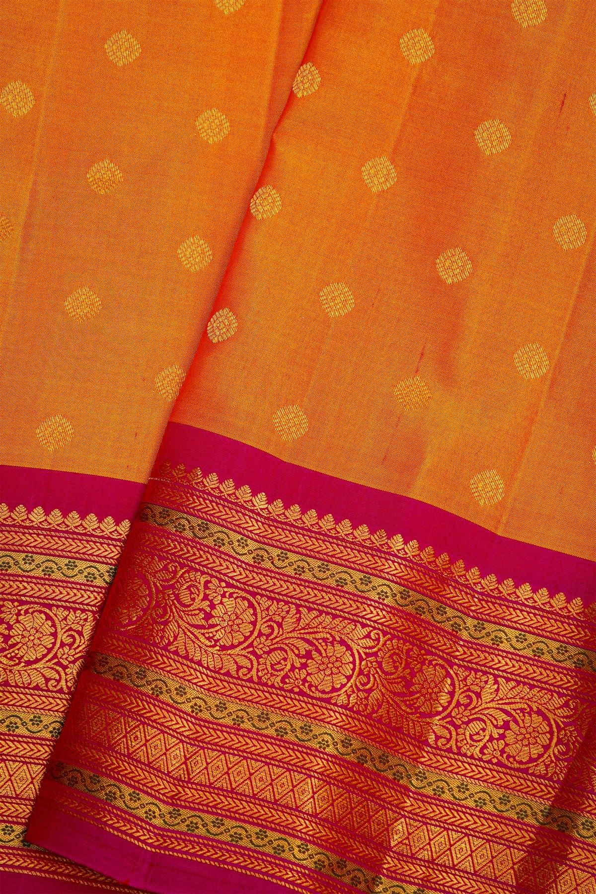 Gadwal Silk Mustard Yellow Saree With Florals And Leaves Jaal Border