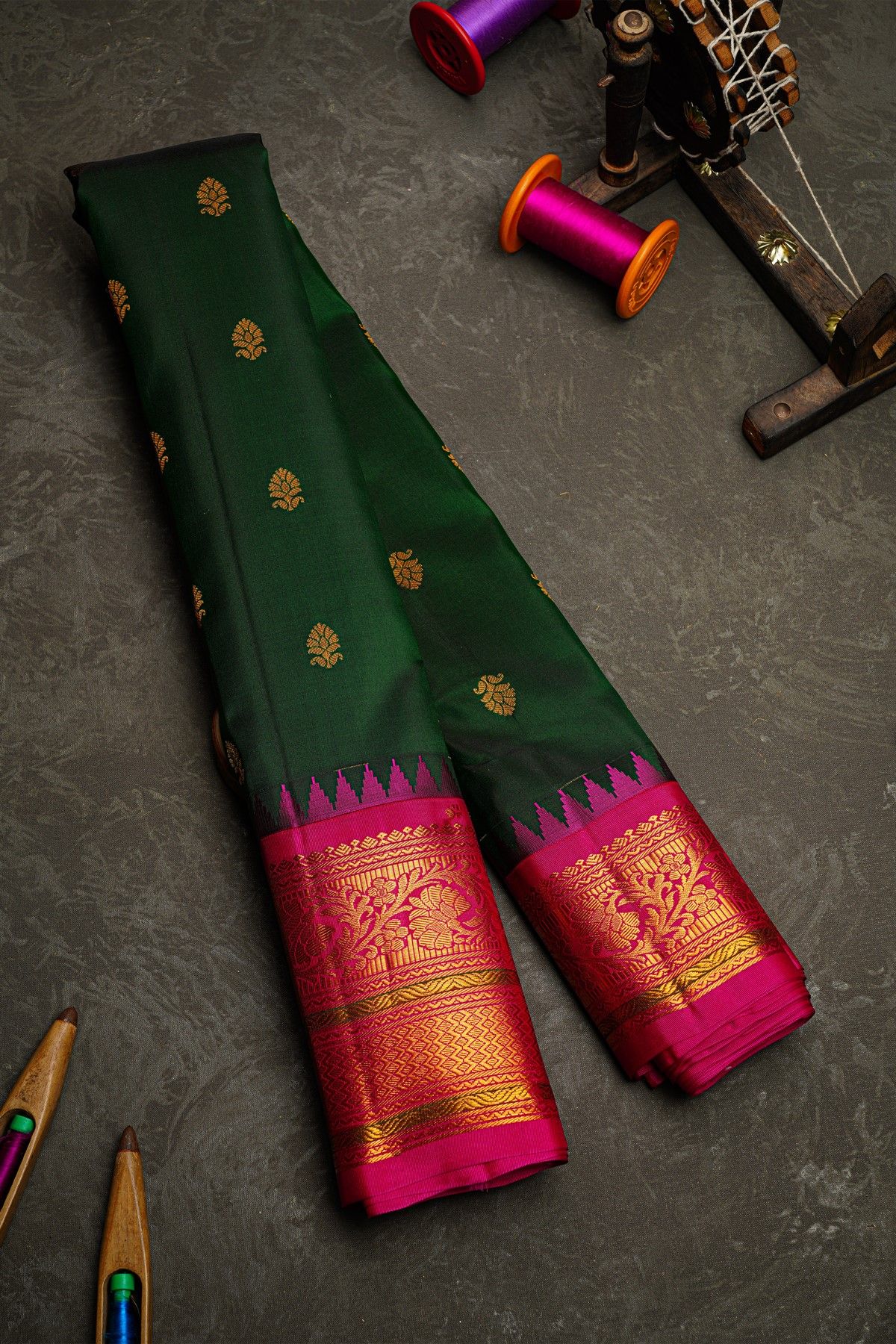 Gadwal Silk Bottle Green Saree With Florals And Buttis Body
