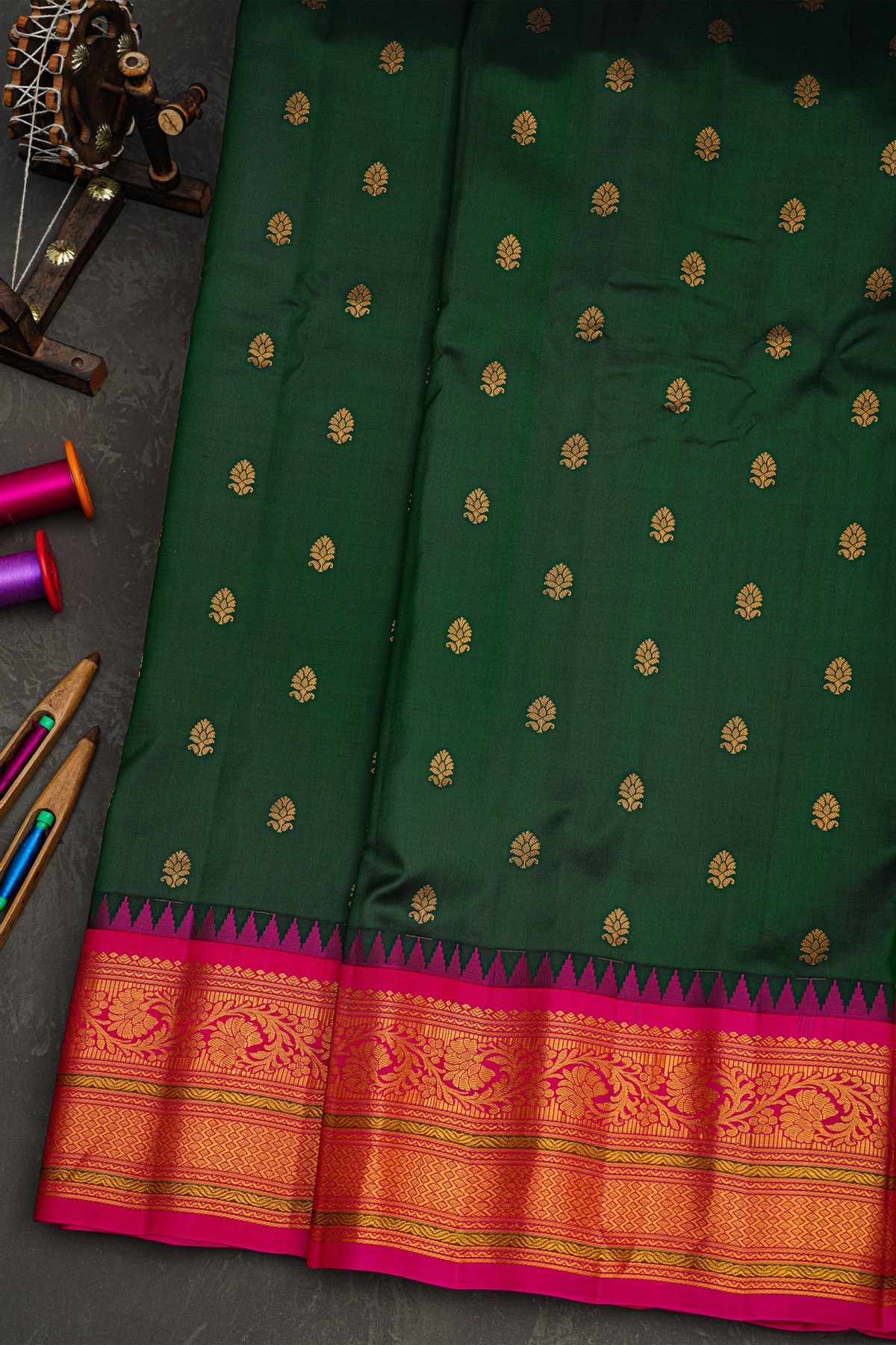 Gadwal Silk Bottle Green Saree With Florals And Buttis Body