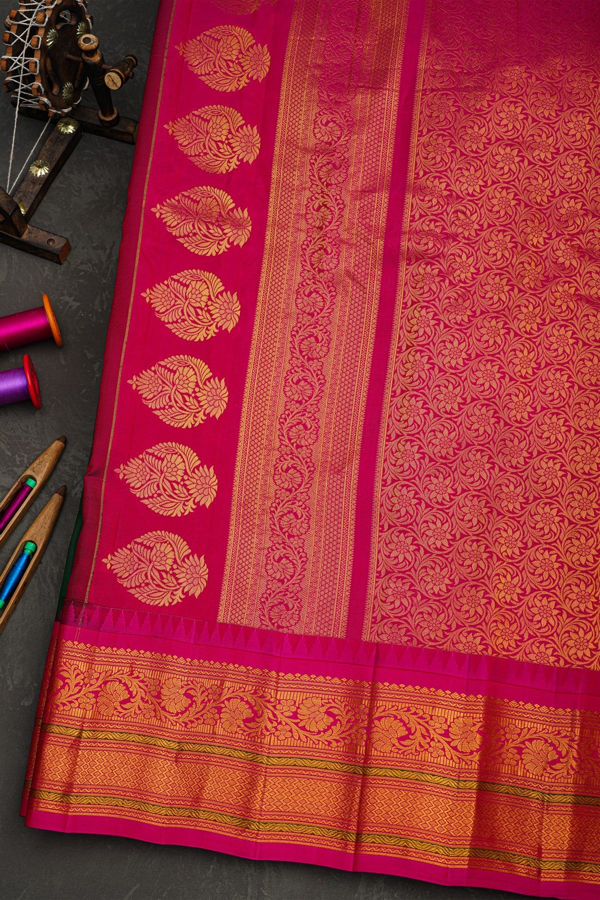 Gadwal Silk Bottle Green Saree With Florals And Buttis Body
