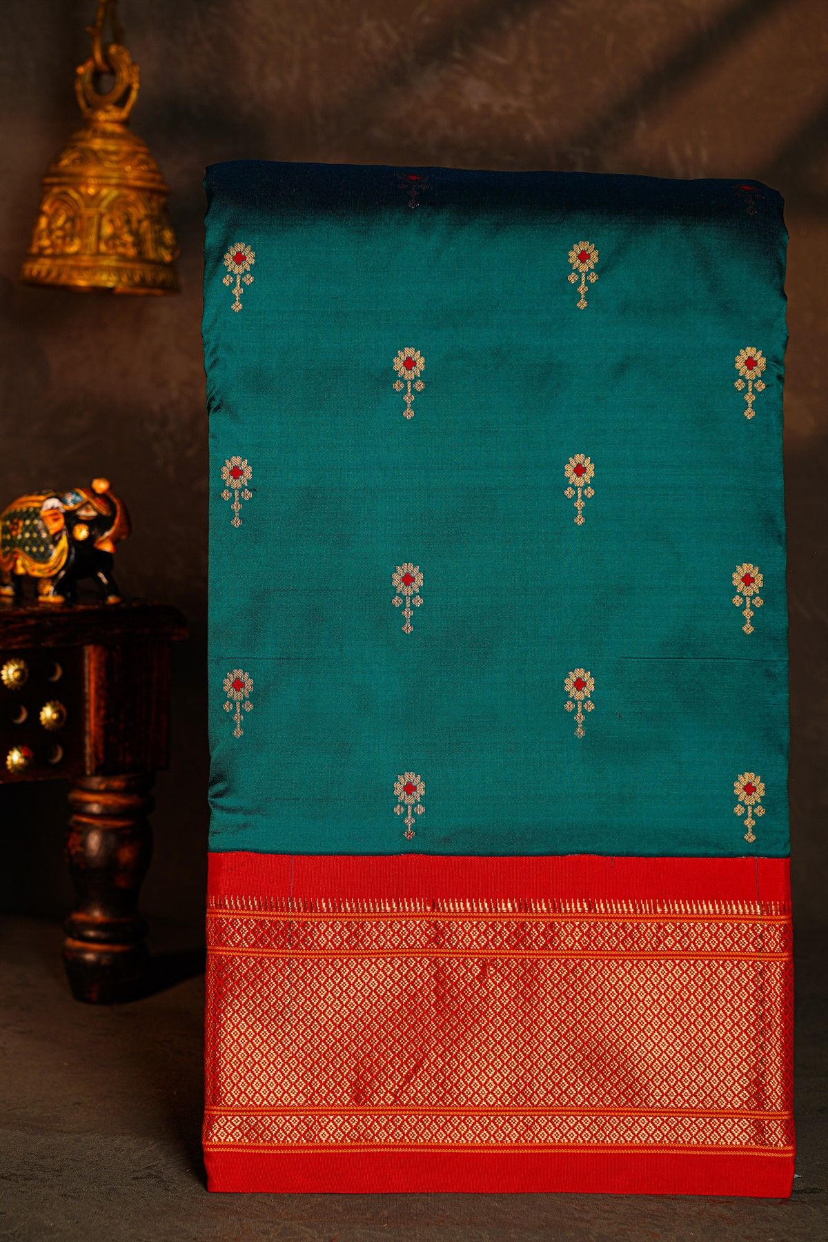 Narayanpet Silk Teal Blue Saree With Florals And Buttis Body