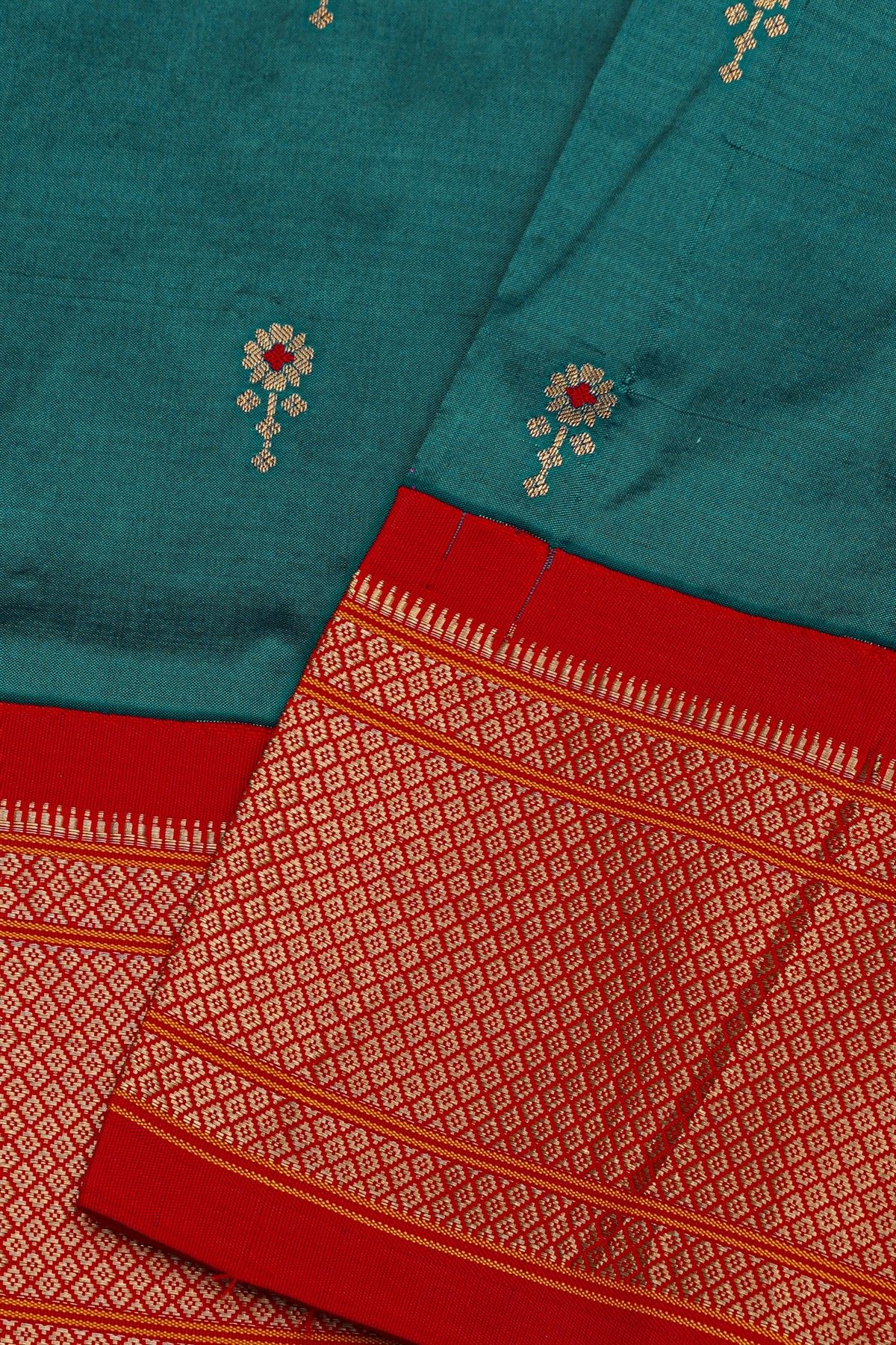 Narayanpet Silk Teal Blue Saree With Florals And Buttis Body