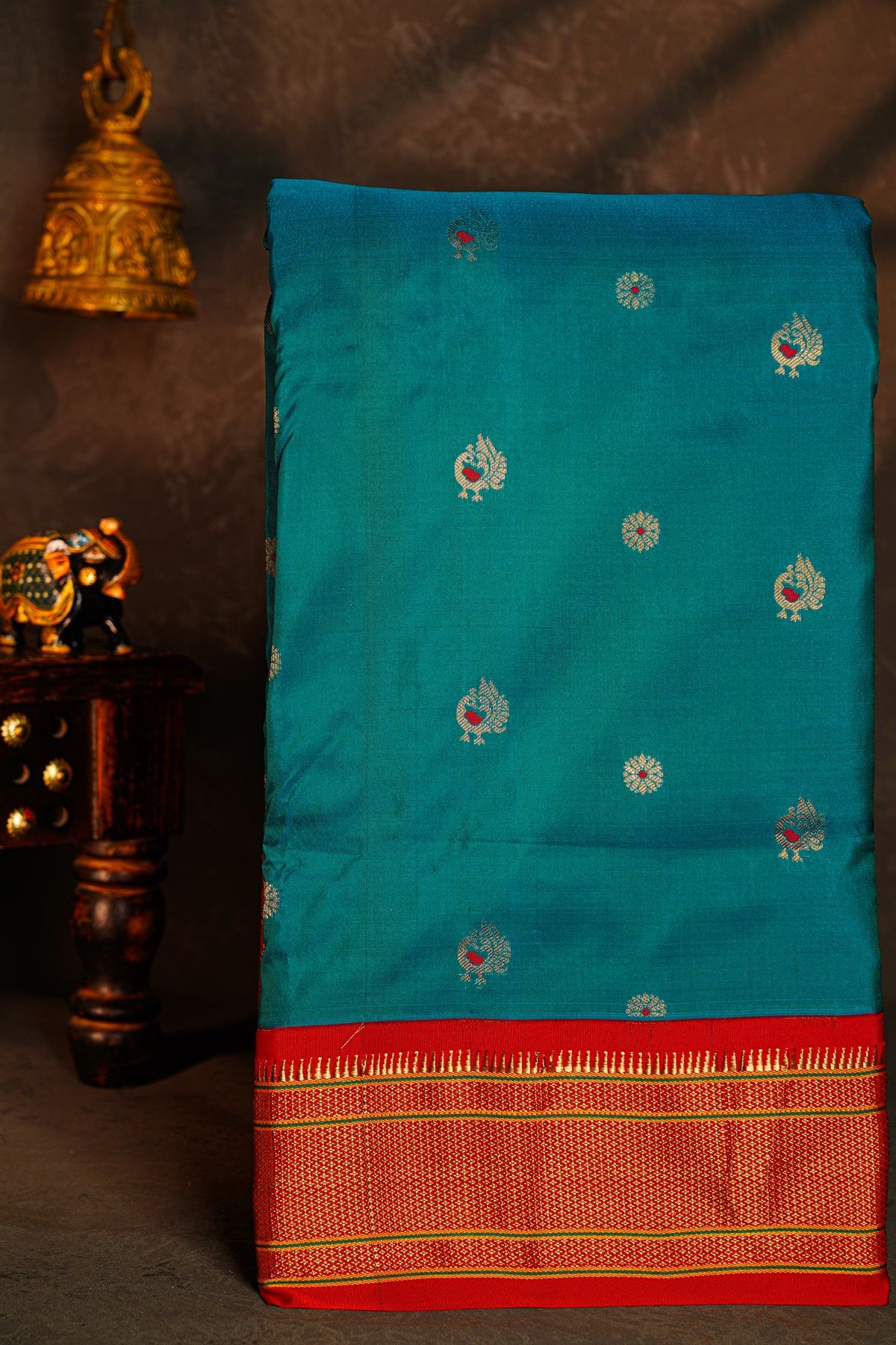 Narayanpet Silk Teal Blue Saree With Florals And Peacock Buttis Body