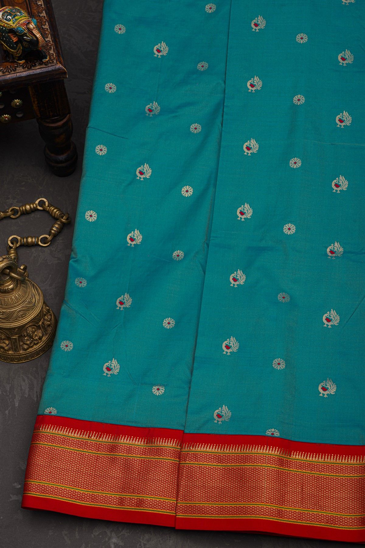Narayanpet Silk Teal Blue Saree With Florals And Peacock Buttis Body