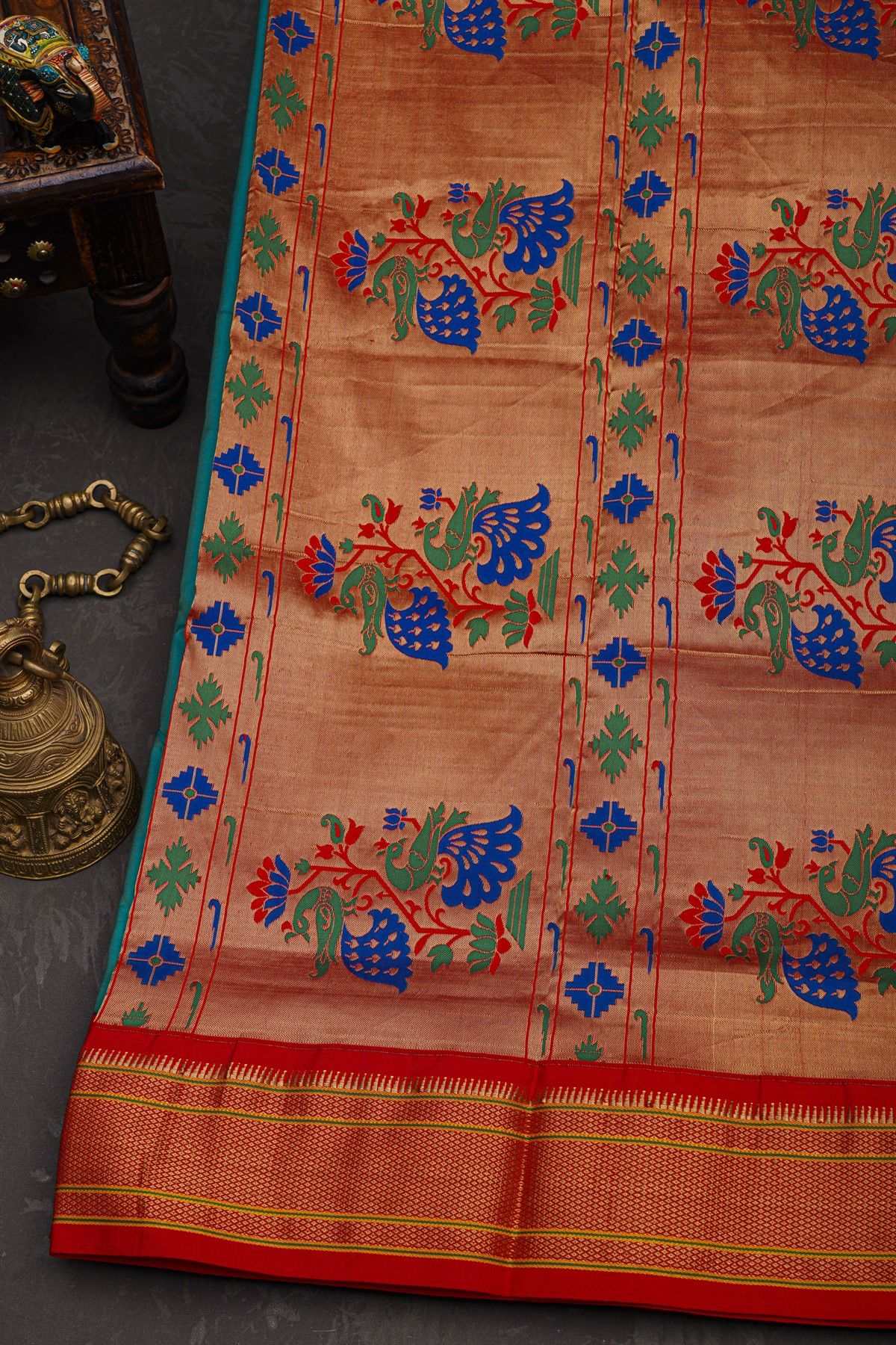 Narayanpet Silk Teal Blue Saree With Florals And Peacock Buttis Body