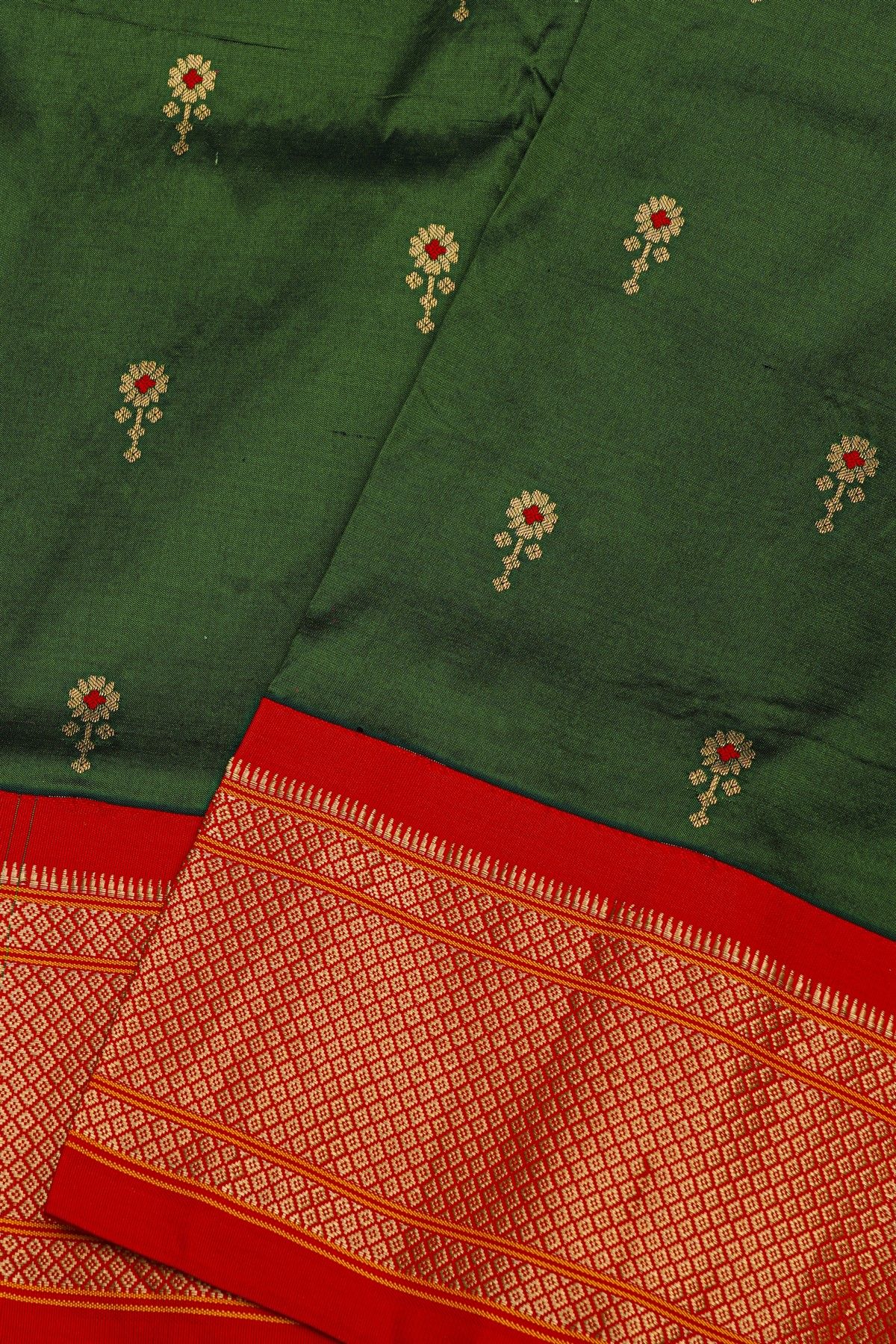 Narayanpet Silk Bottle Green Saree With Flower Buttis Body