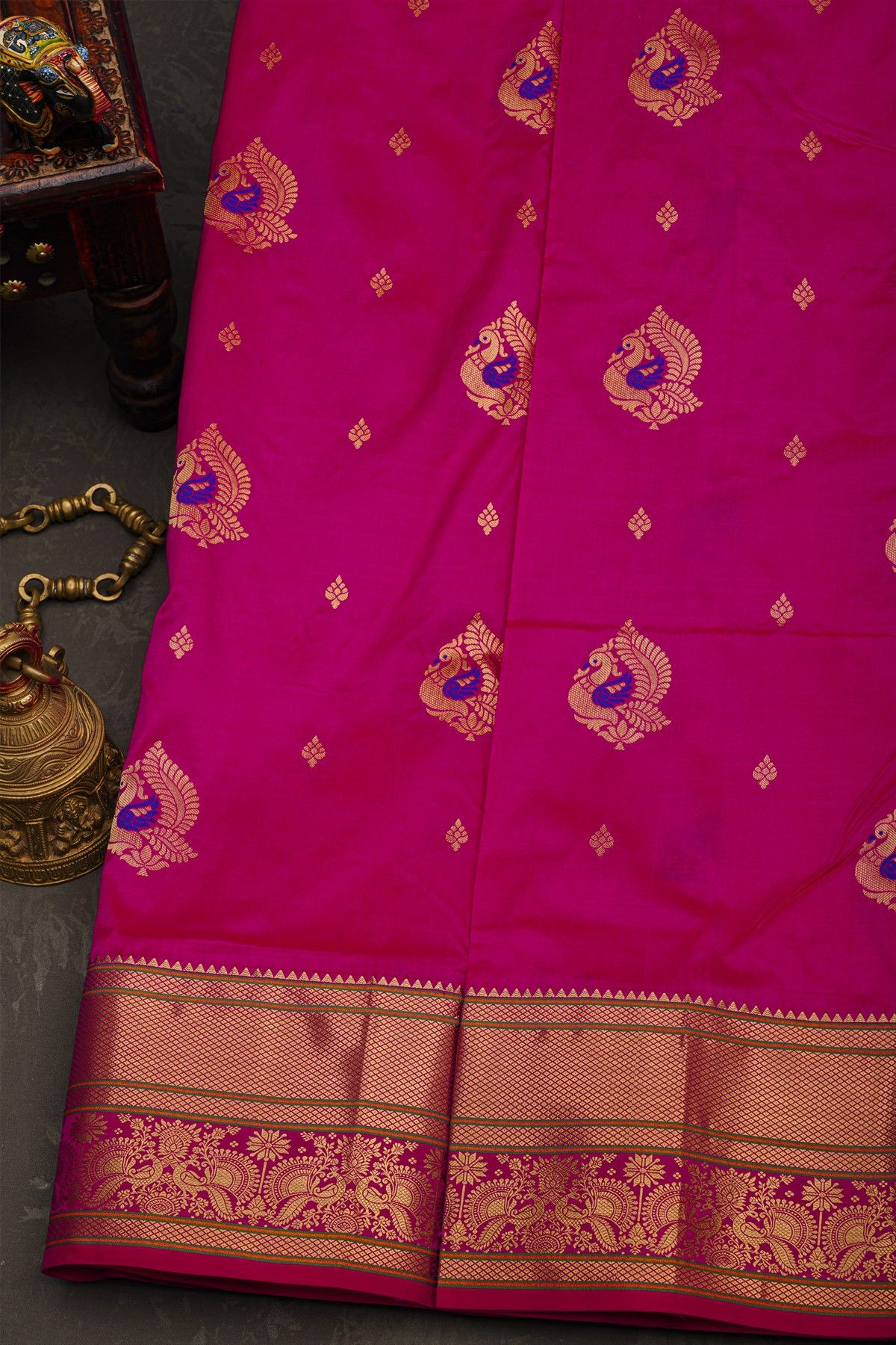 Narayanpet Silk Rani Pink Saree With Florals And Peacocks Buttis Body