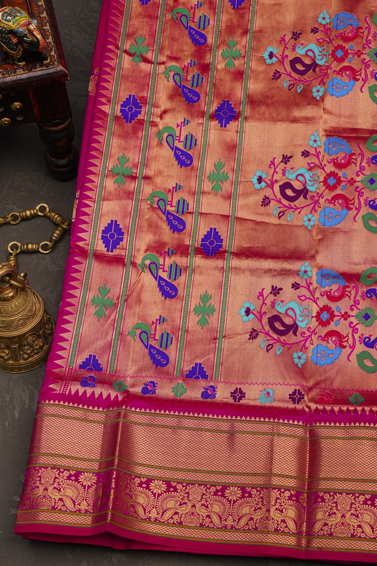 Narayanpet Silk Rani Pink Saree With Florals And Peacocks Buttis Body