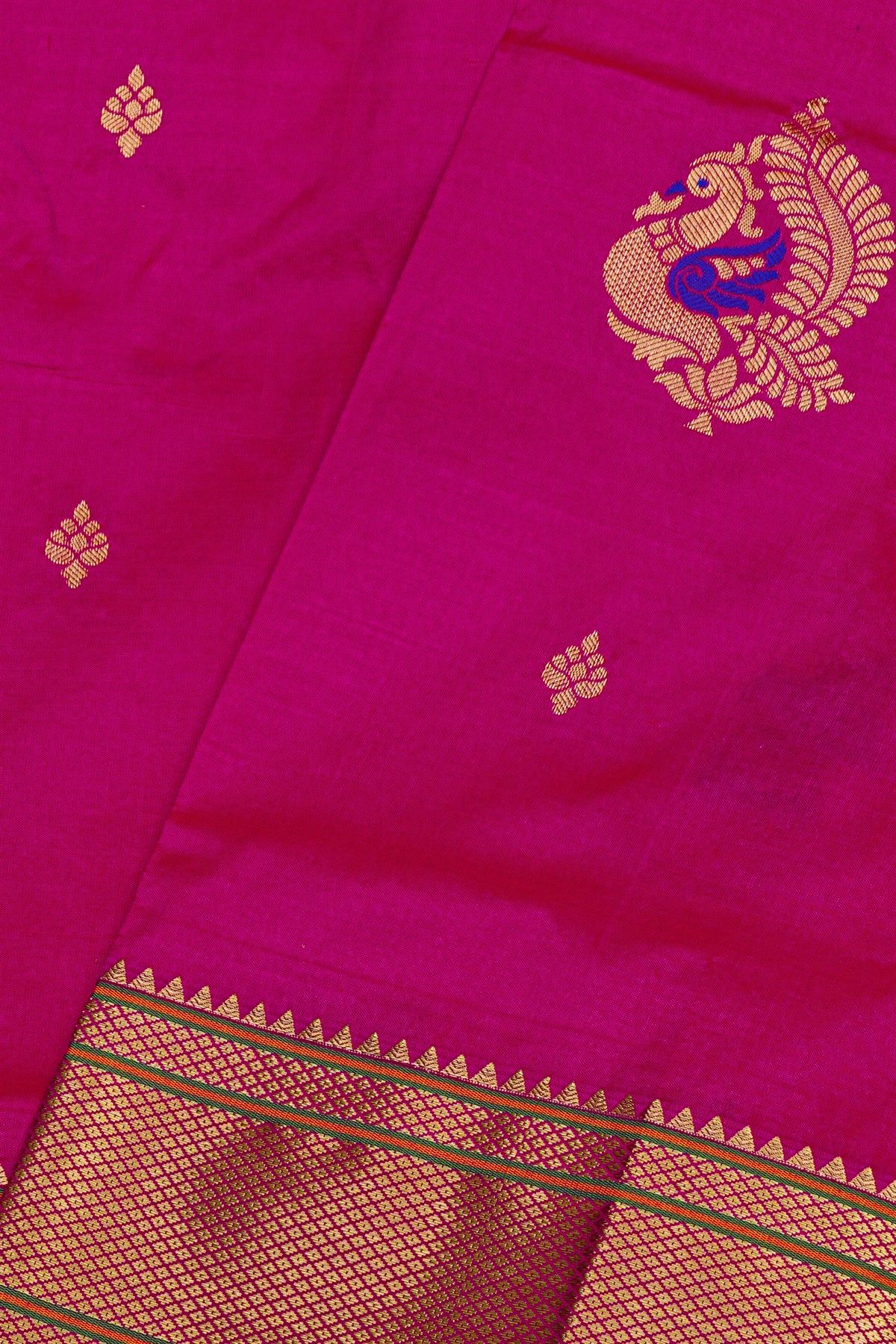 Narayanpet Silk Rani Pink Saree With Florals And Peacocks Buttis Body
