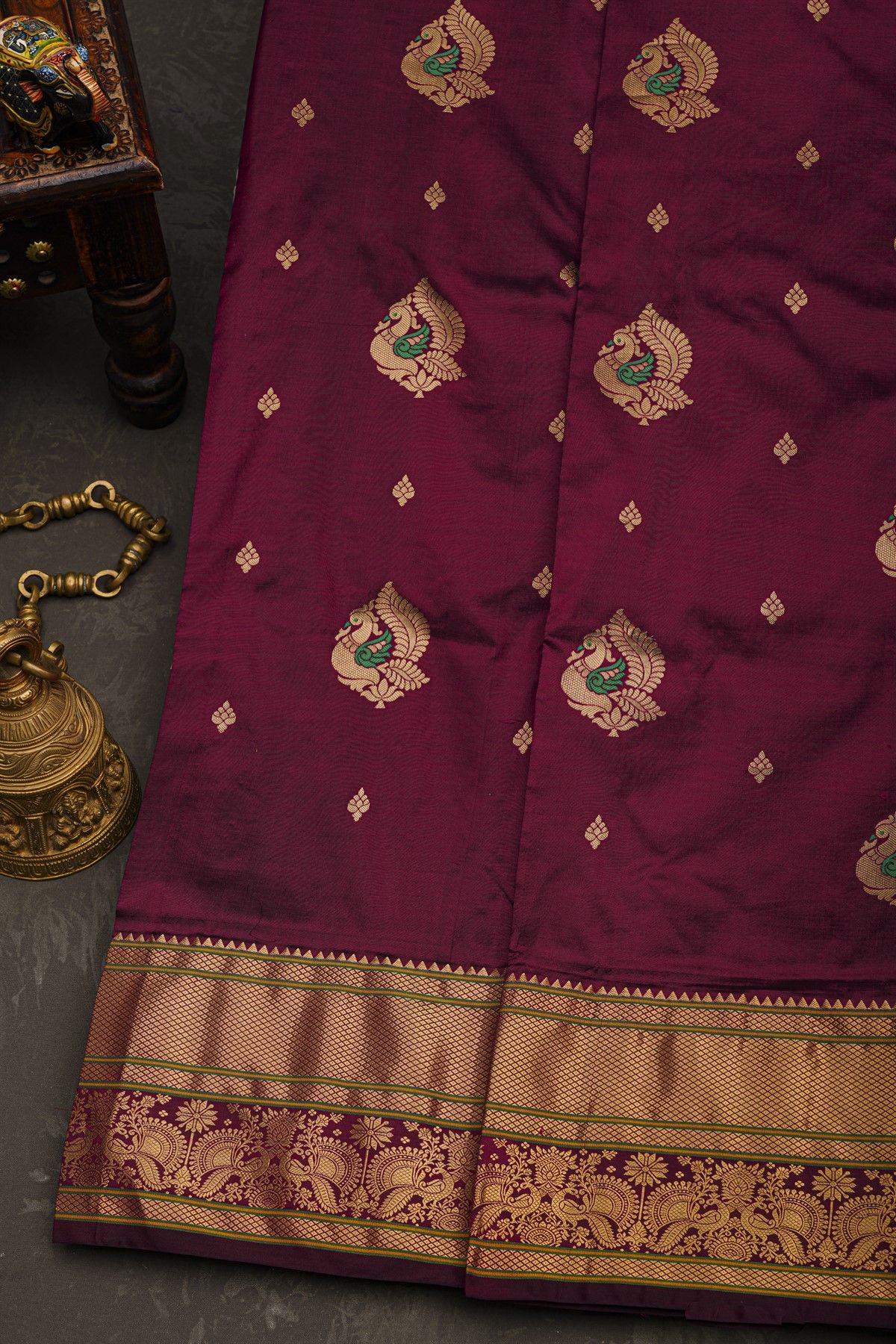 Narayanpet Silk Dark Wine Saree With Florals And Peacock Buttis Body