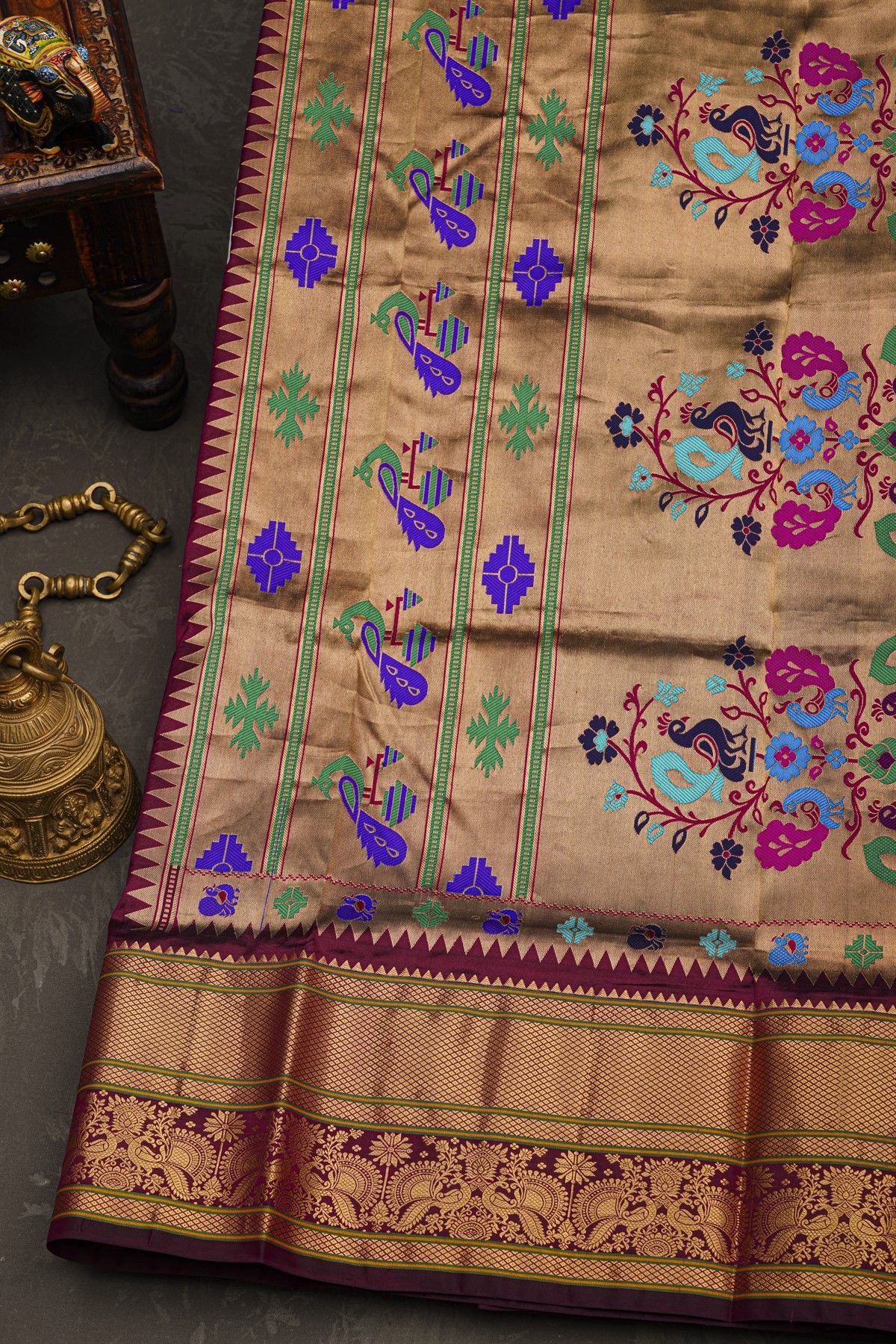 Narayanpet Silk Dark Wine Saree With Florals And Peacock Buttis Body