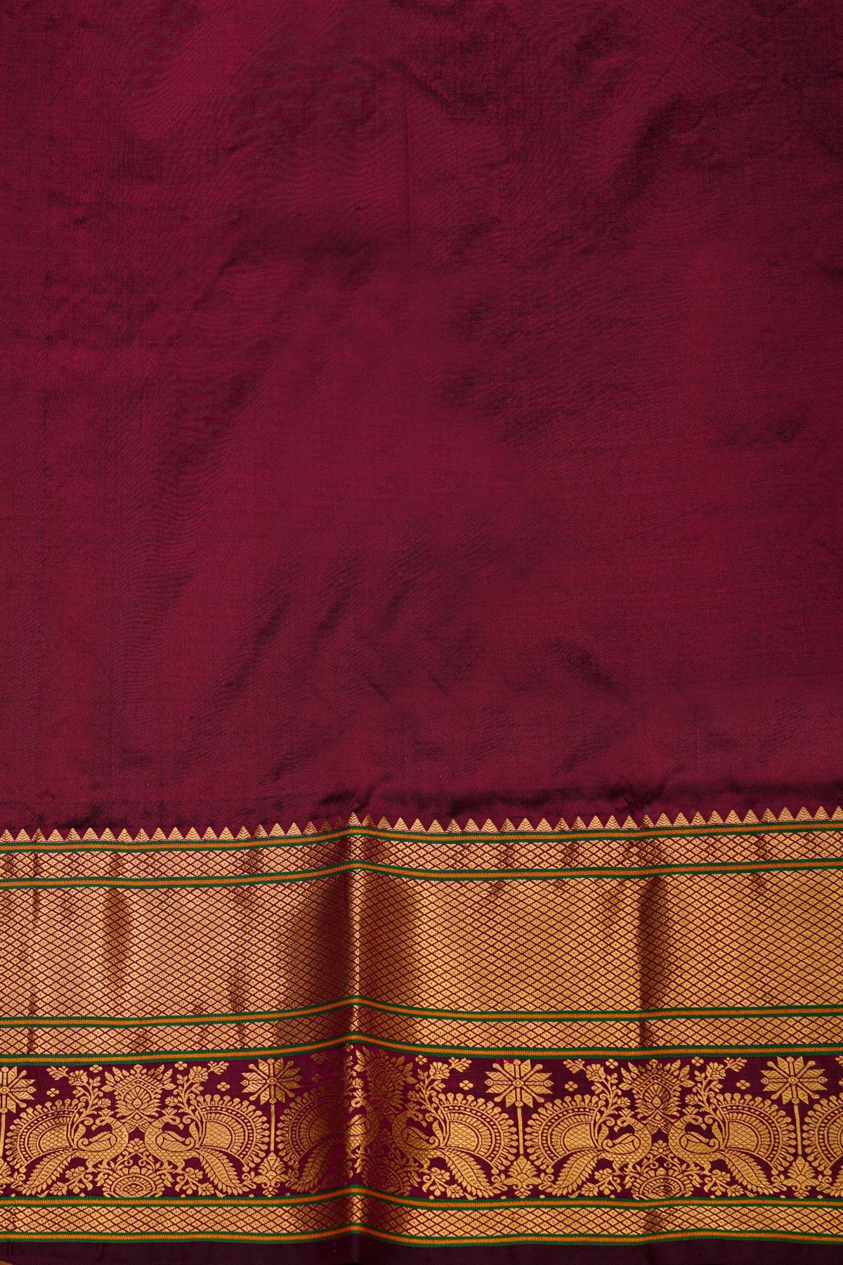 Narayanpet Silk Dark Wine Saree With Florals And Peacock Buttis Body