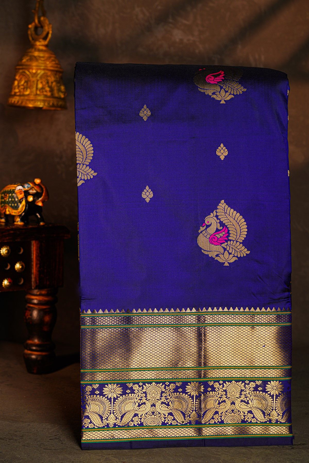 Narayanpet Silk Royal Blue Saree With Florals And Peacock Buttis Body
