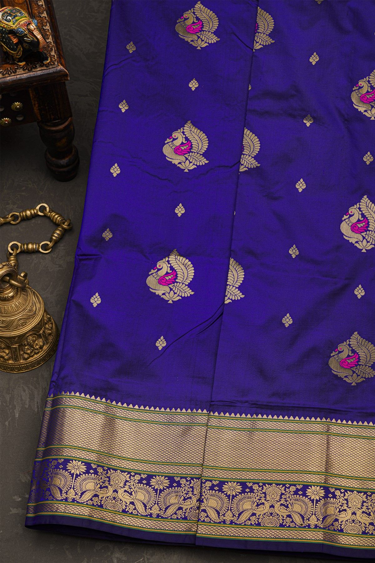 Narayanpet Silk Royal Blue Saree With Florals And Peacock Buttis Body