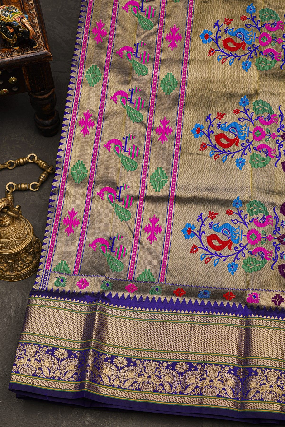 Narayanpet Silk Royal Blue Saree With Florals And Peacock Buttis Body