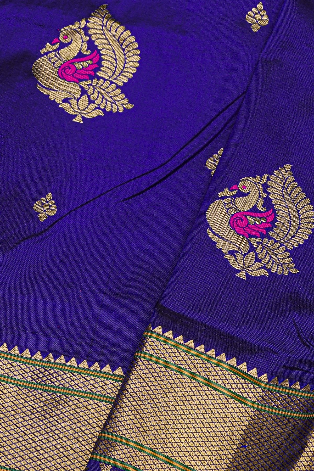 Narayanpet Silk Royal Blue Saree With Florals And Peacock Buttis Body