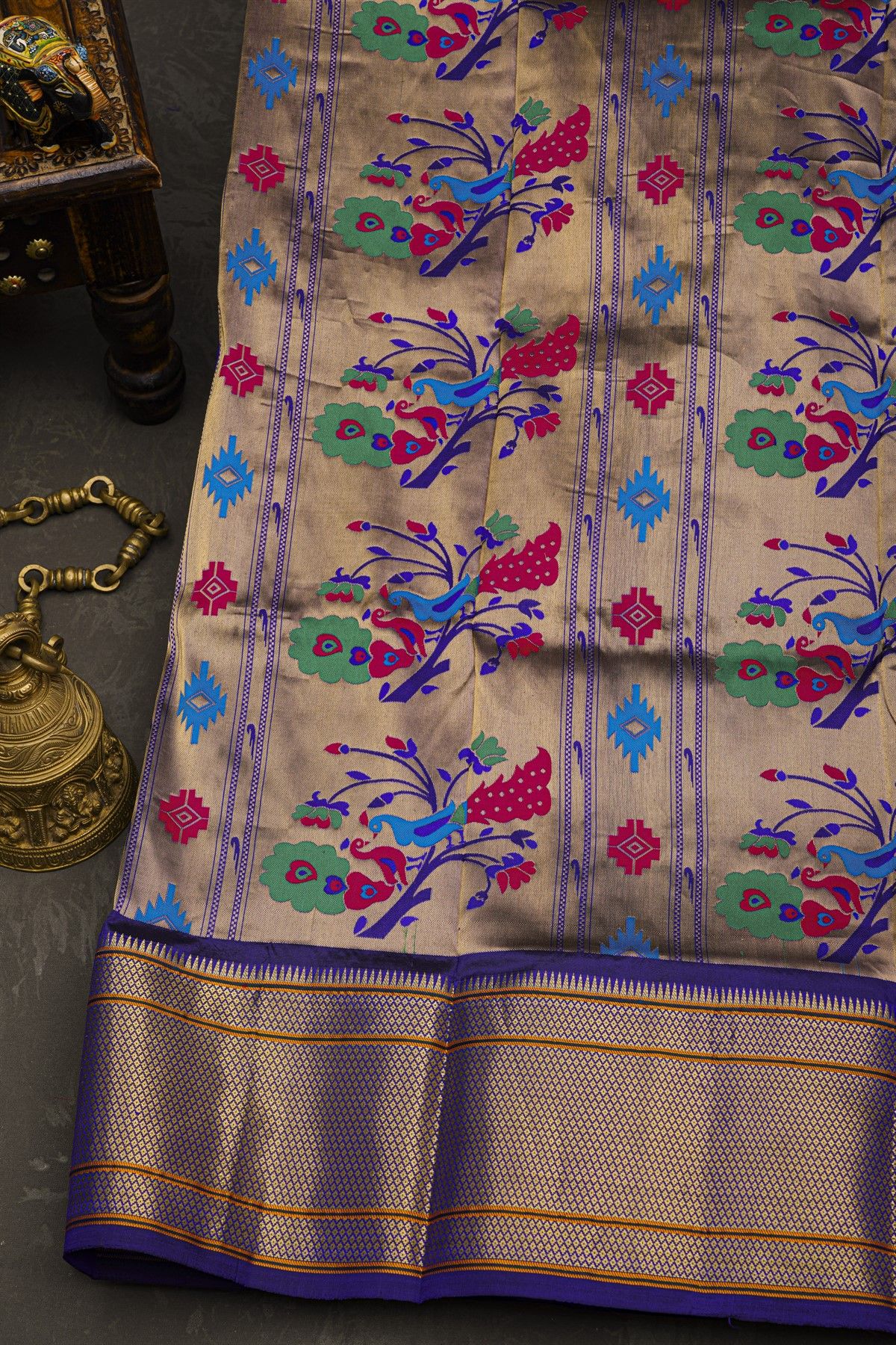 Narayanpet Silk Royal Blue Saree With Diamonds In Zari Border
