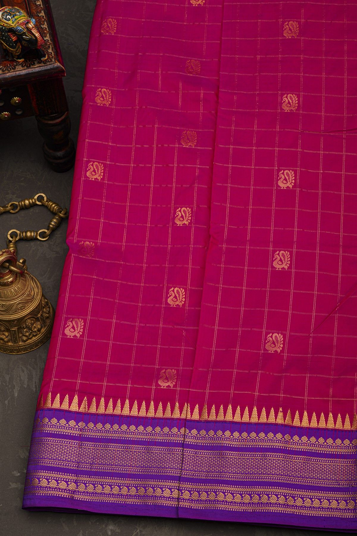 Narayanpet Silk Rani Pink Saree With Peacock Buttis In Checks Body