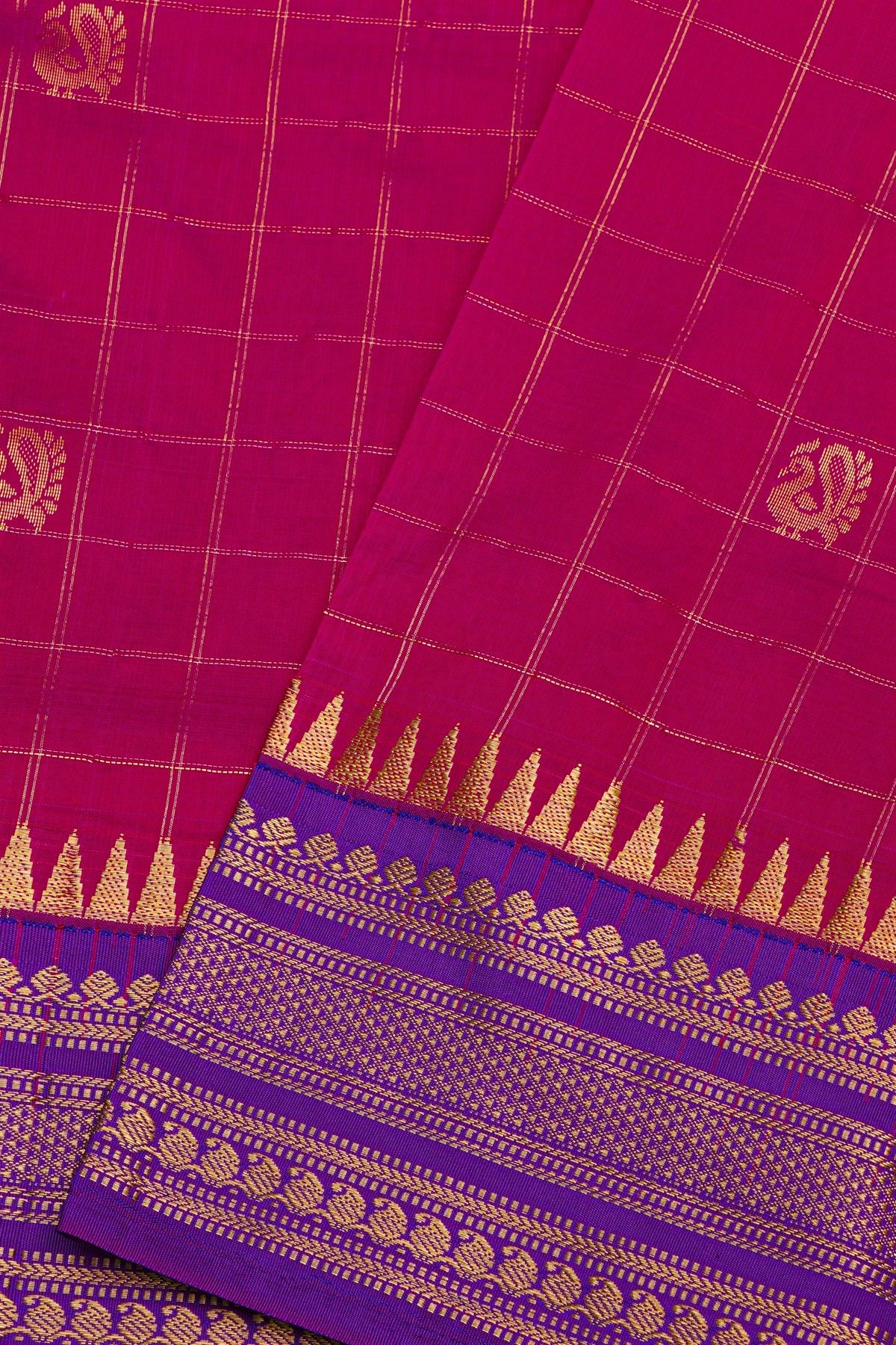 Narayanpet Silk Rani Pink Saree With Peacock Buttis In Checks Body