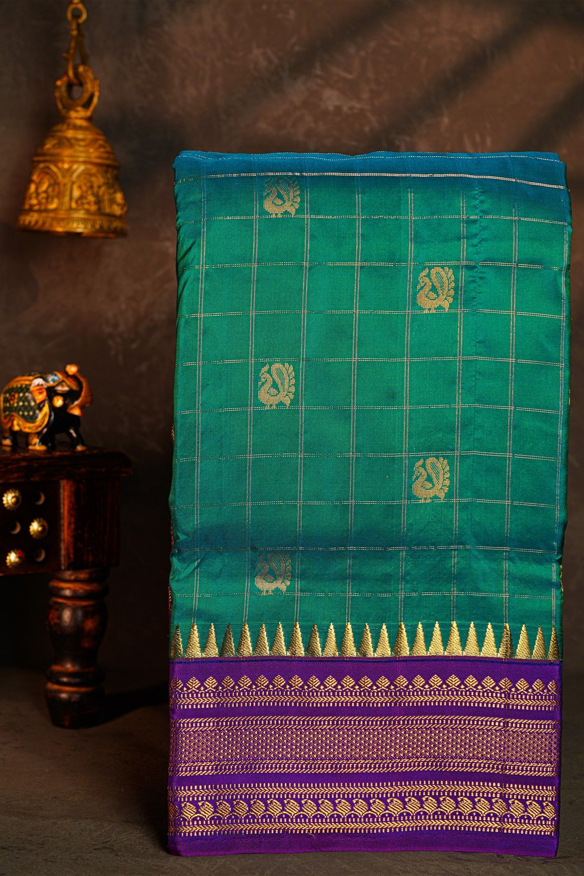 Narayanpet Silk Teal Green Saree With Florals And Buttis In Checks Body