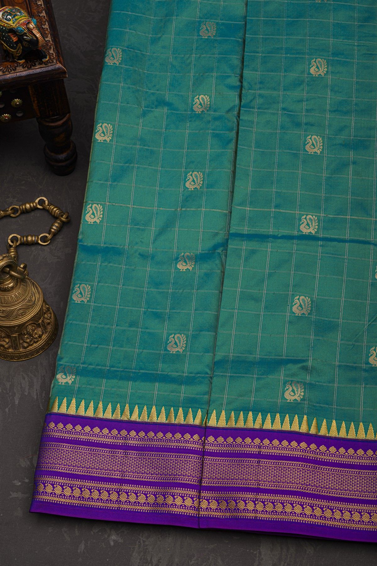 Narayanpet Silk Teal Green Saree With Florals And Buttis In Checks Body