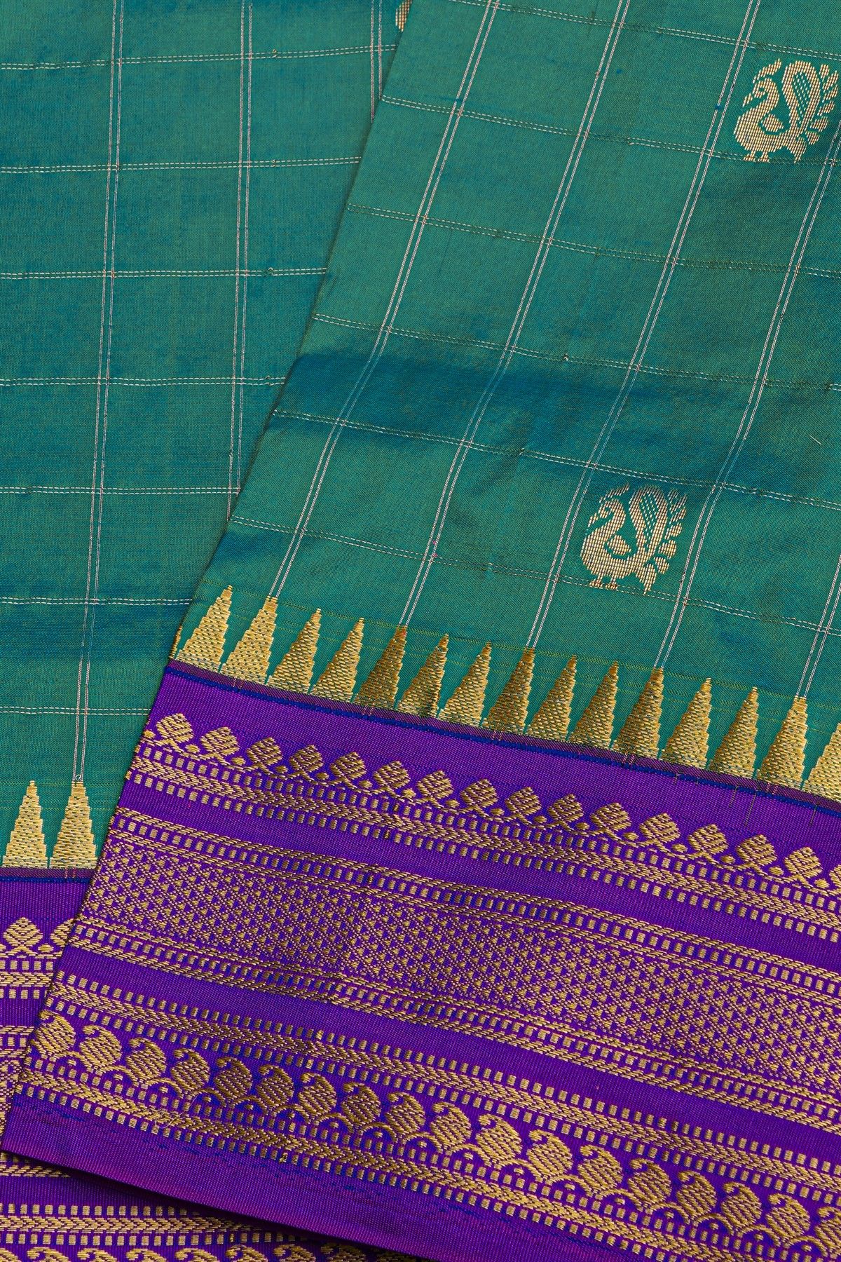 Narayanpet Silk Teal Green Saree With Florals And Buttis In Checks Body