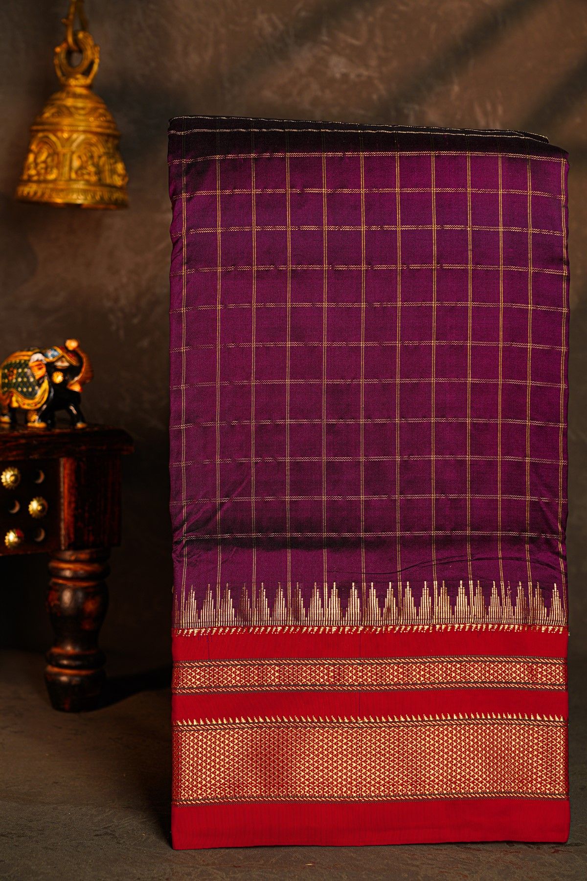Narayanpet Silk Dark Wine Saree With Diamonds In Zari Border
