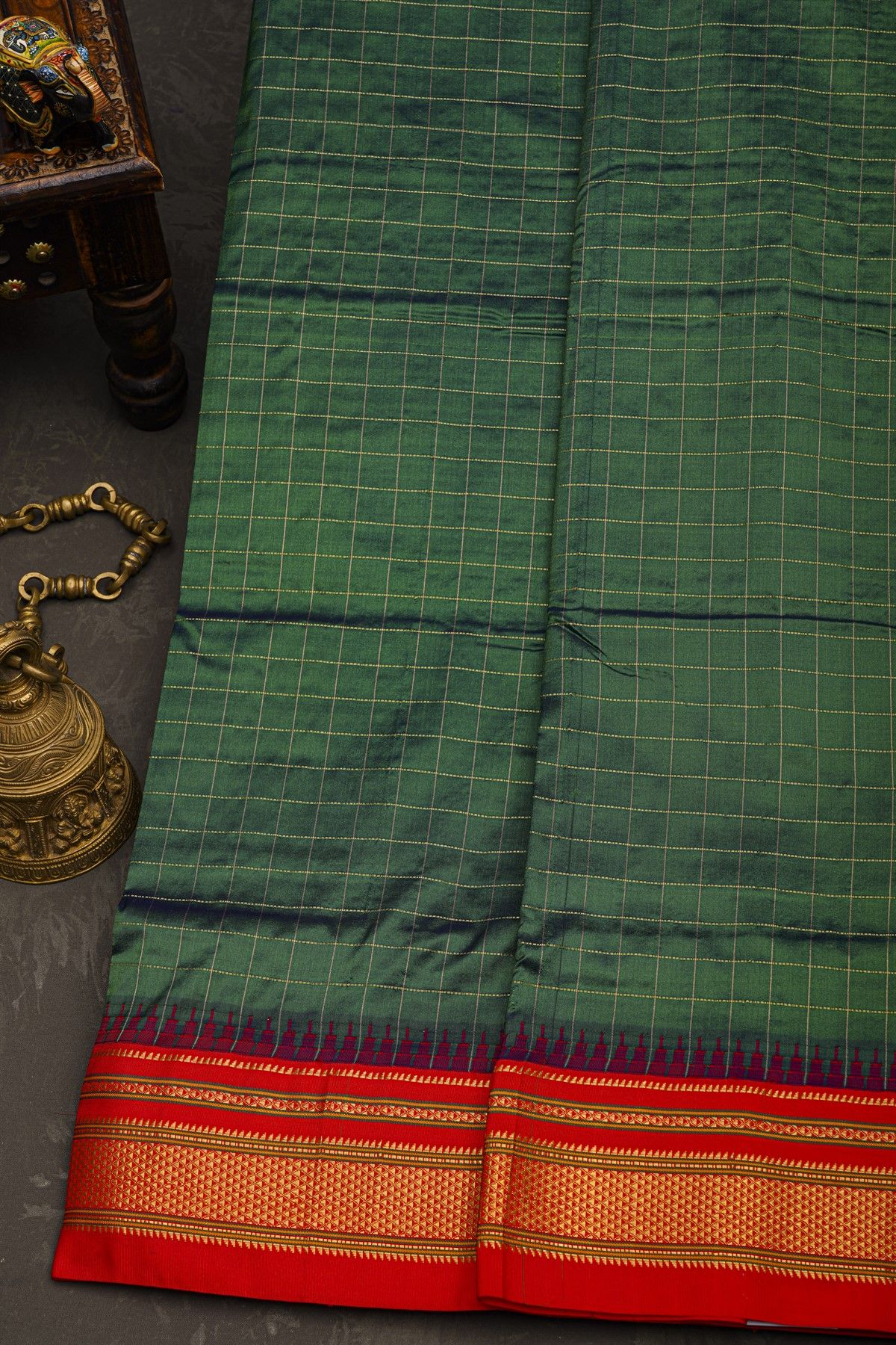 Narayanpet Silk Bottle Green Saree With Diamonds In Zari Border